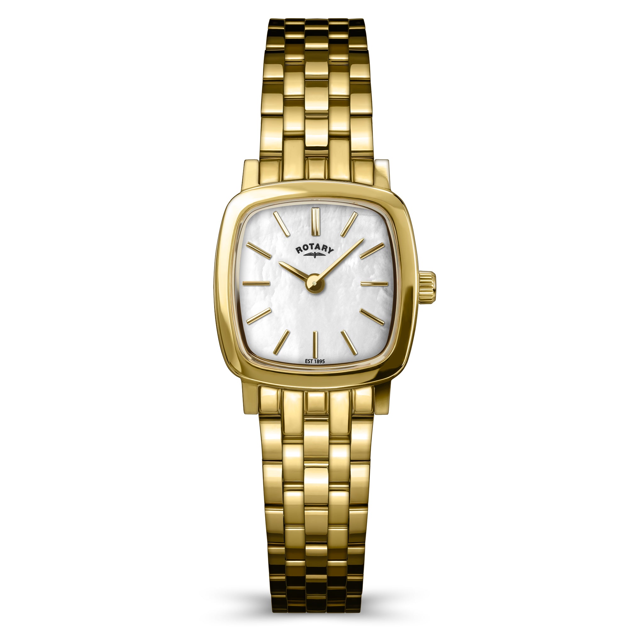 Gold Rotary Heritage Astoria wristwatch with a white face on a white background