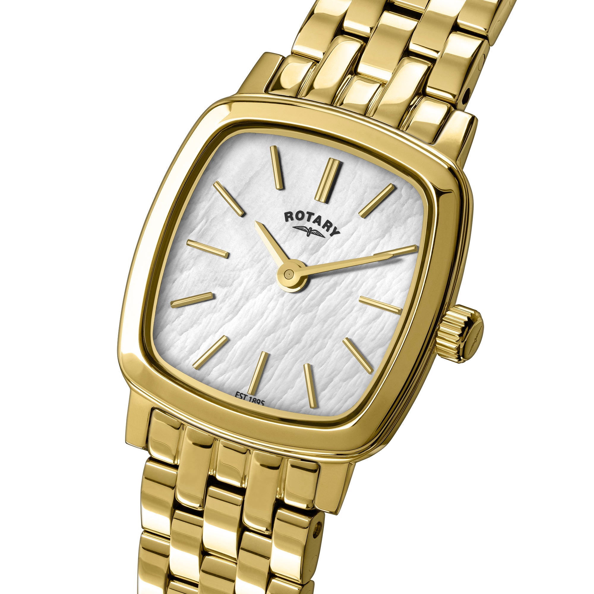 Gold Rotary Heritage Astoria wristwatch with a white face on a white background