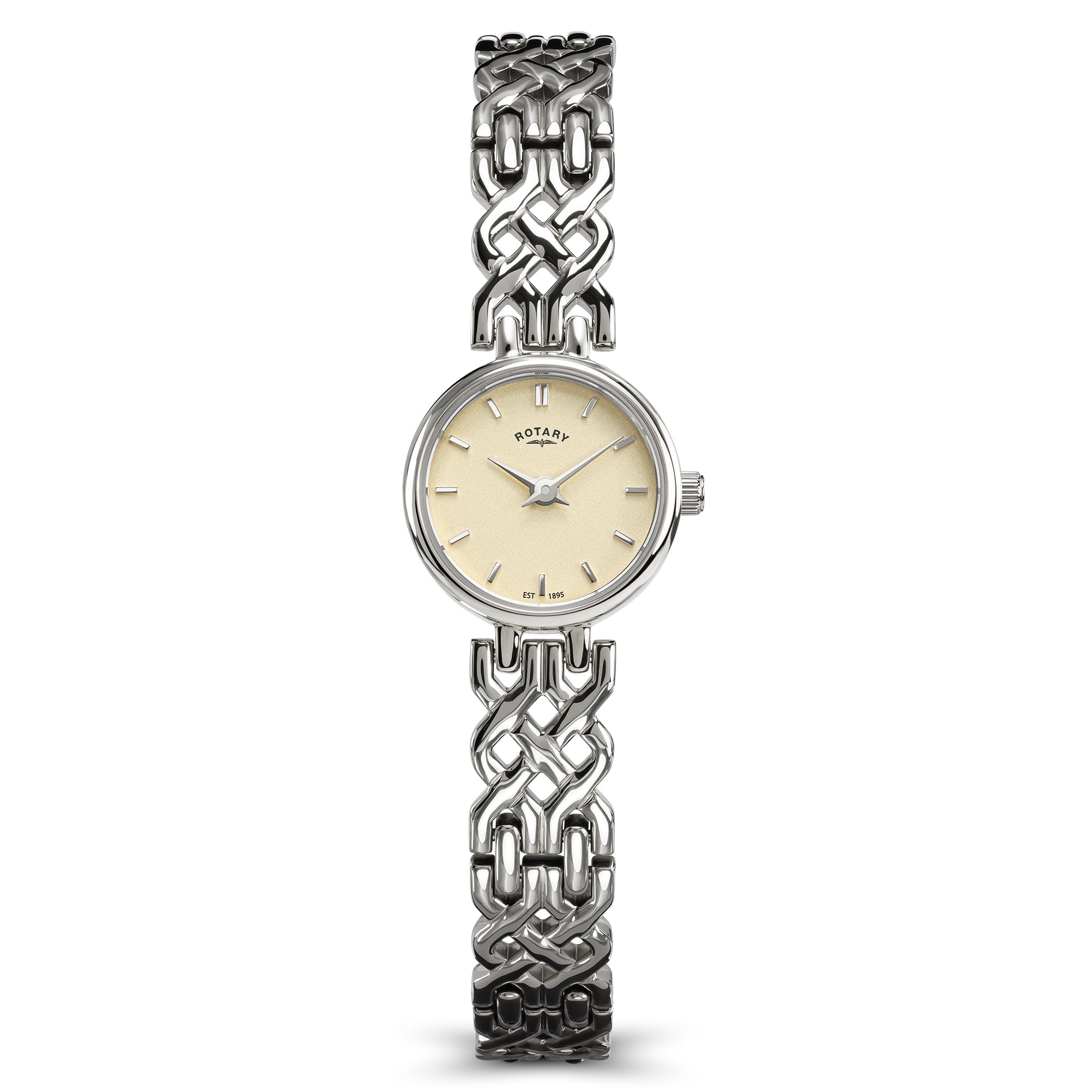 Silver Rotary 1895 watch with intricate band design on a white background