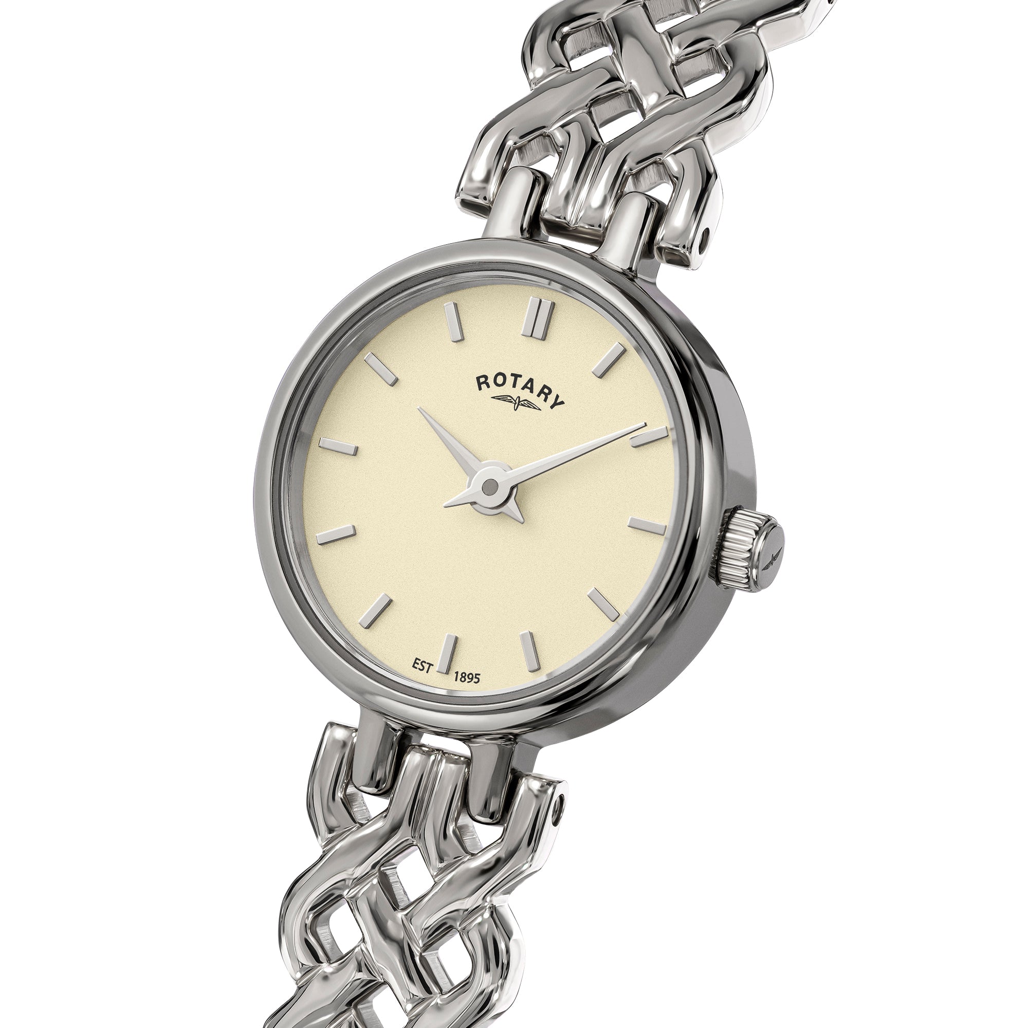 Silver Rotary 1895 wristwatch with a cream-colored face on a white background