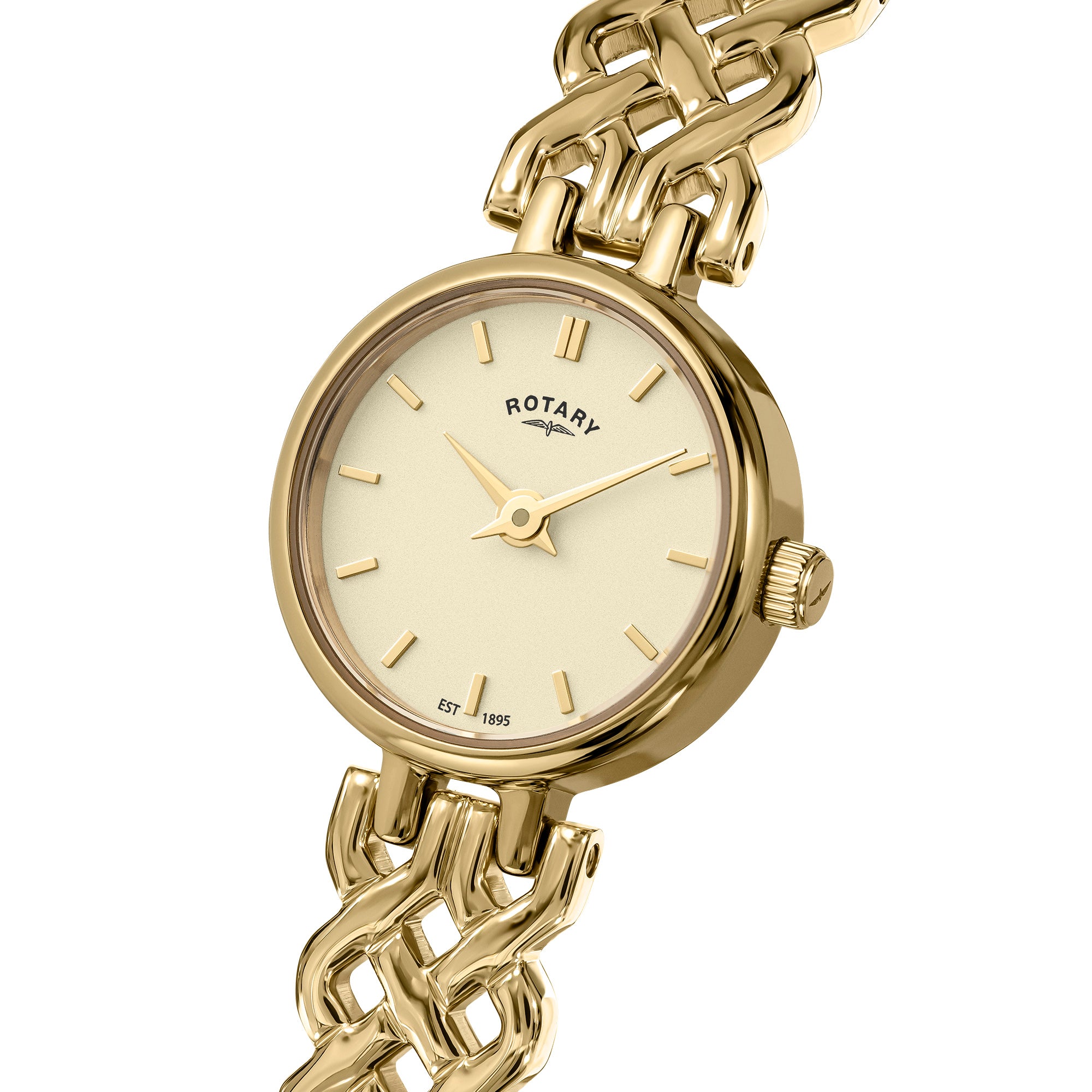 Gold Rotary 1895 wristwatch with a braided design on a white background