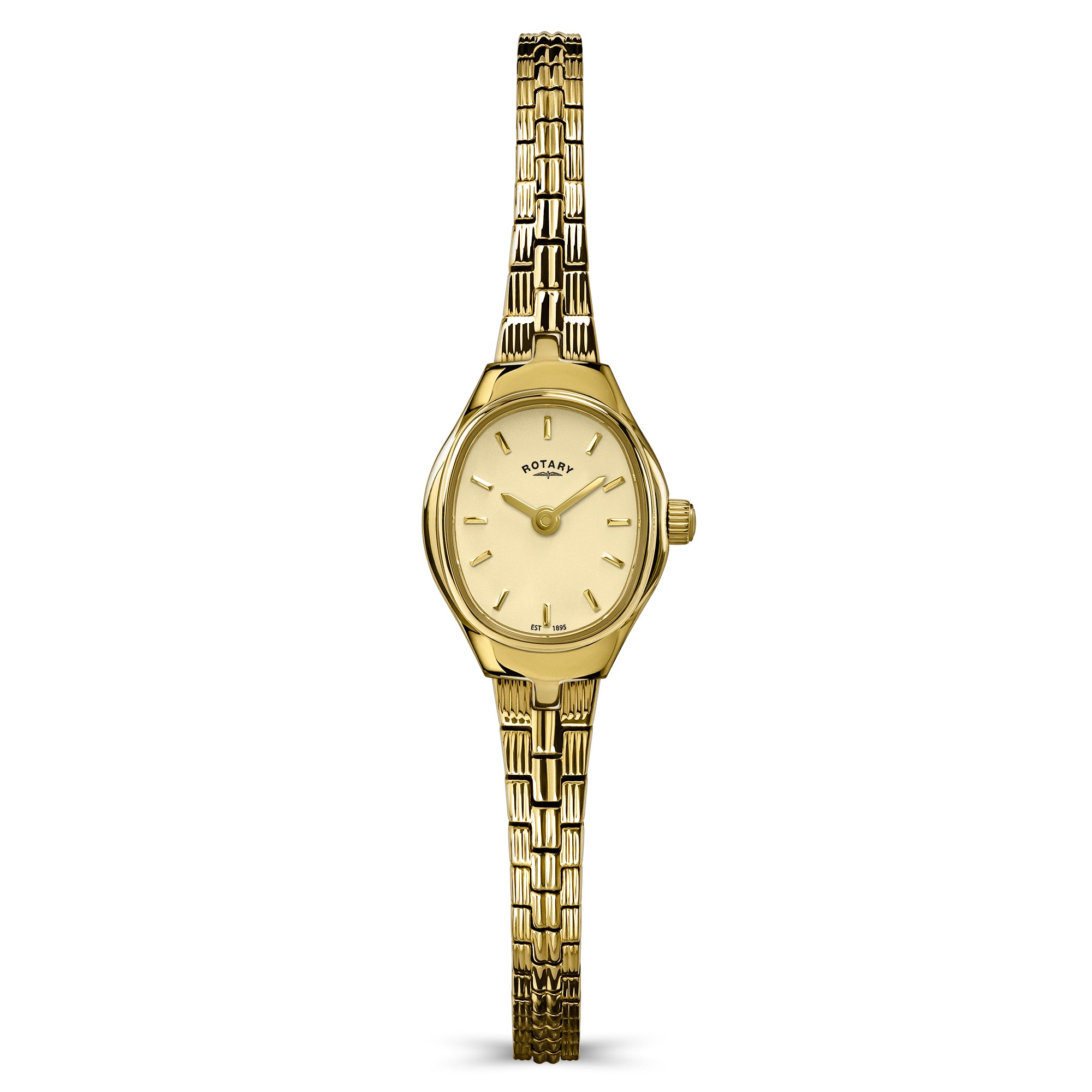 Gold Rotary ladies watch with a champagne dial on a white background