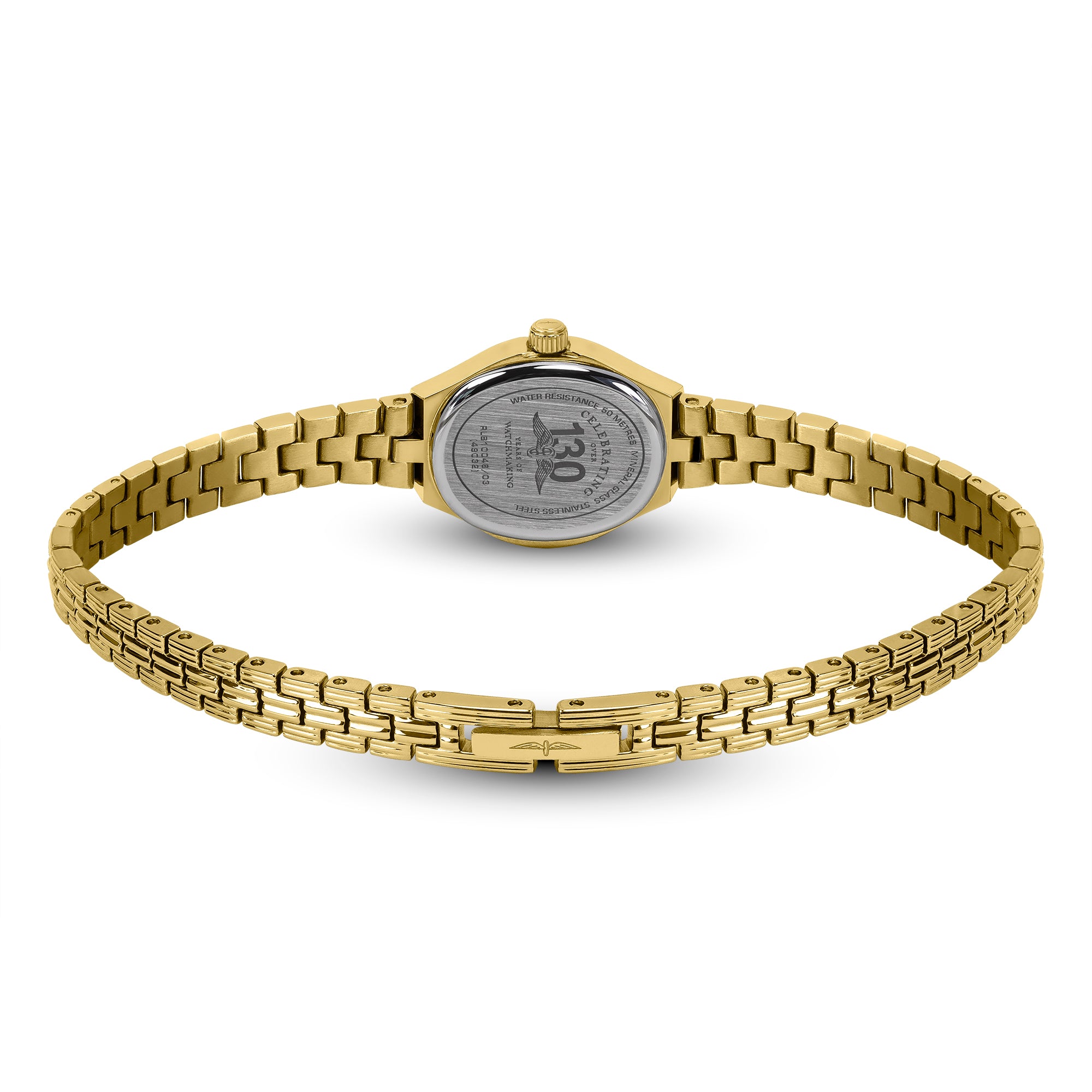 Gold Rotary ladies watch with a stainless steel bracelet on a white background