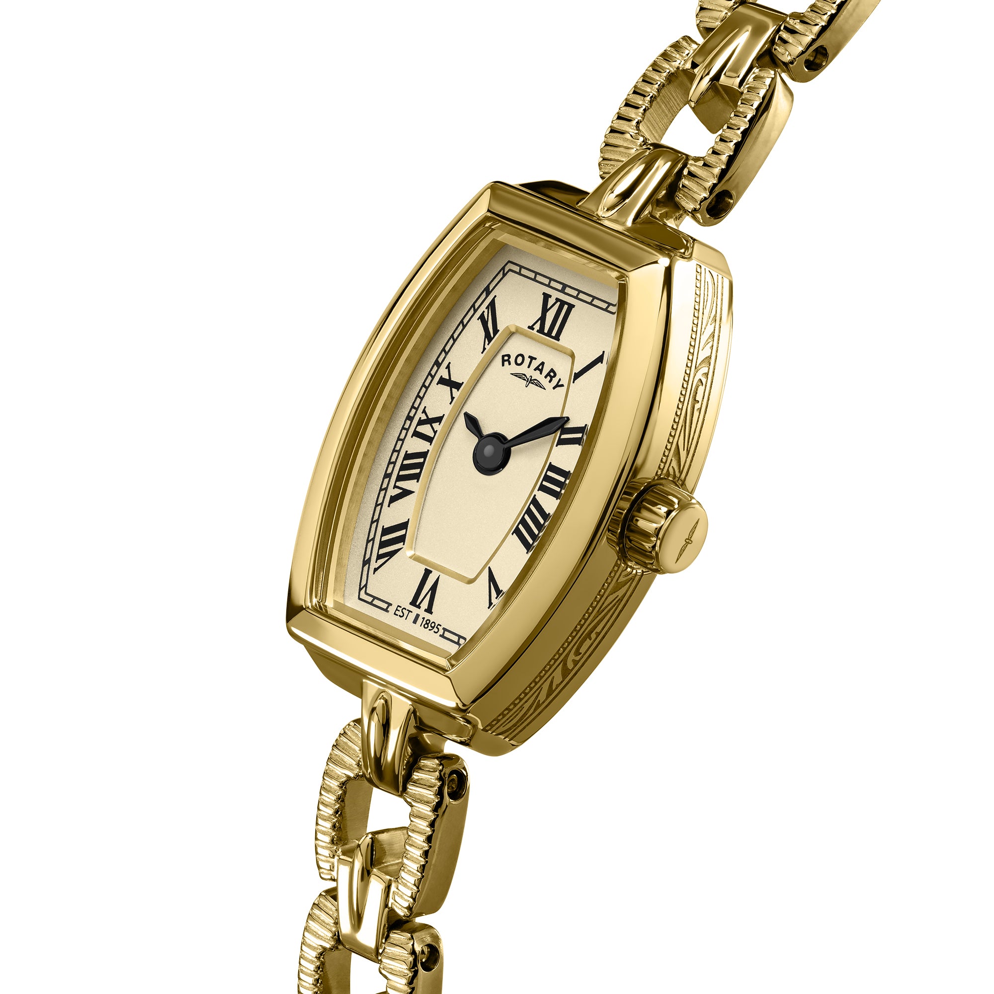 Gold Rotary wristwatch with a white face and Roman numerals on a white background