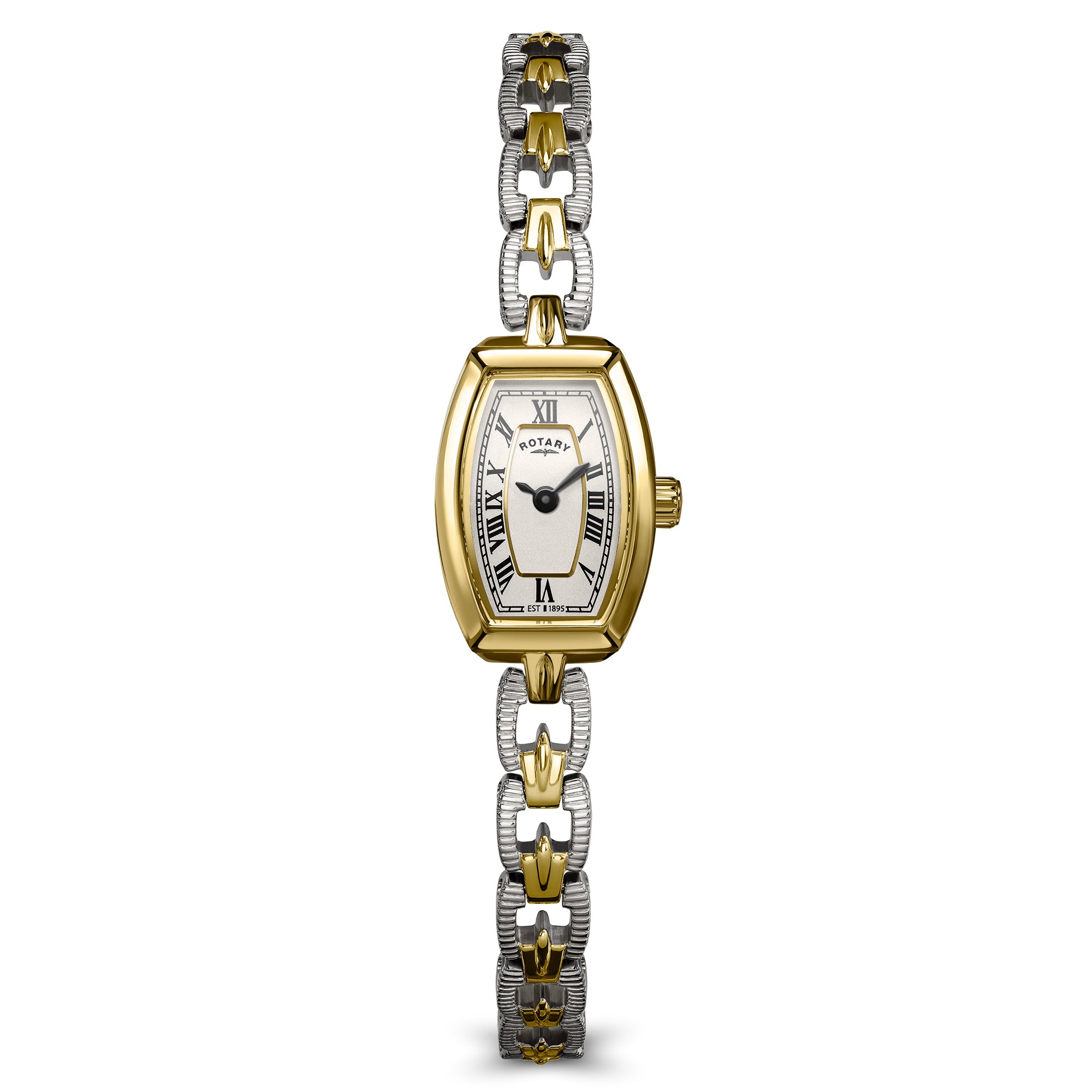 Two-tone Rotary ladies watch with gold and silver band on a white background
