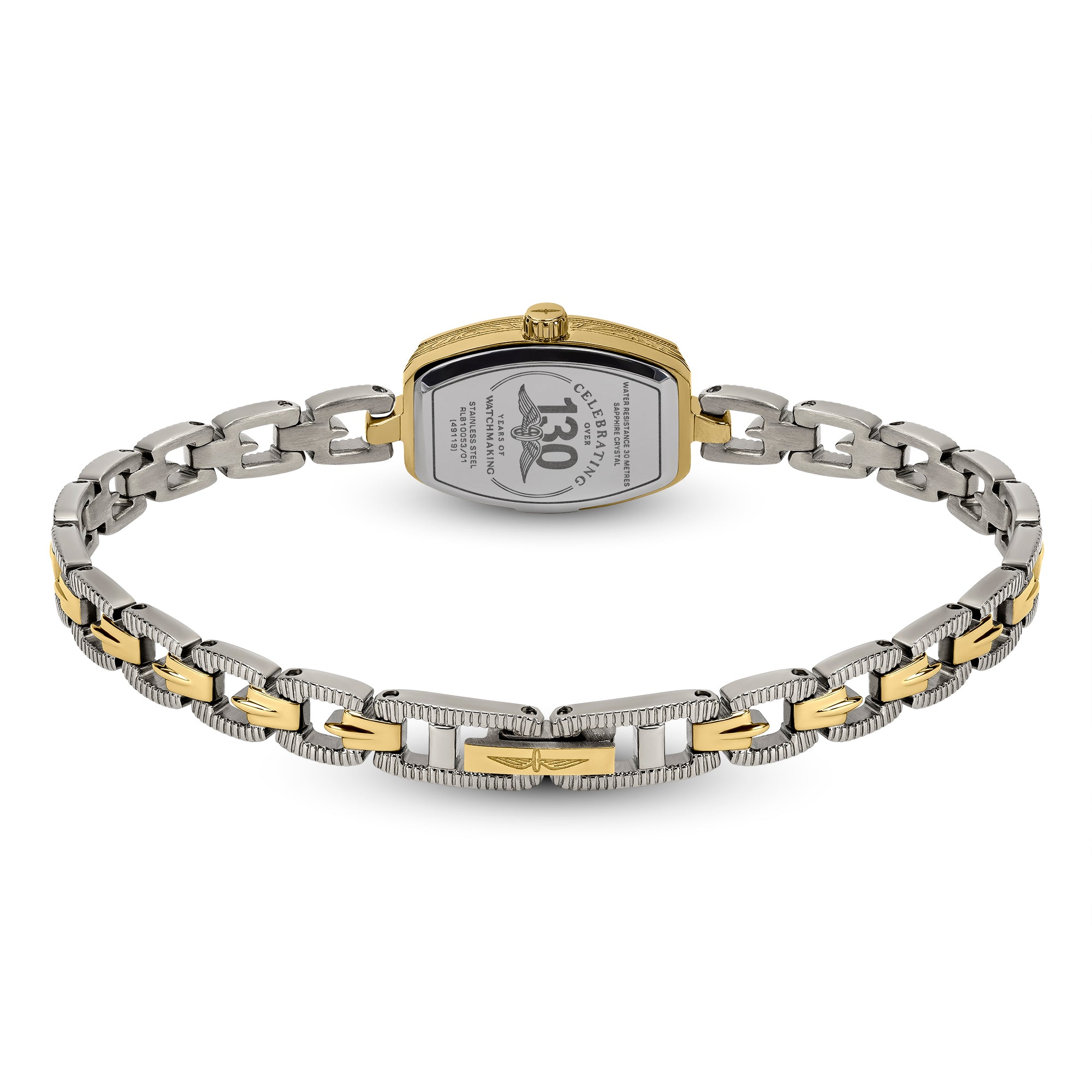 Two-tone Rotary ladies bracelet with gold and silver links on a white background