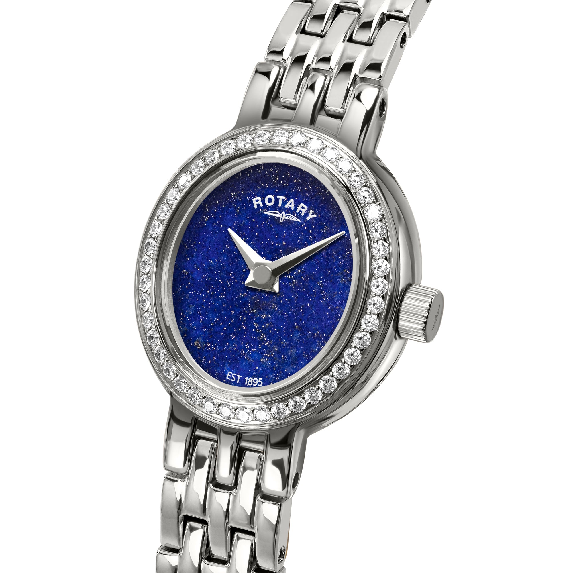Rotary Cocktail watch with blue aventurine dial and silver bracelet on a white background