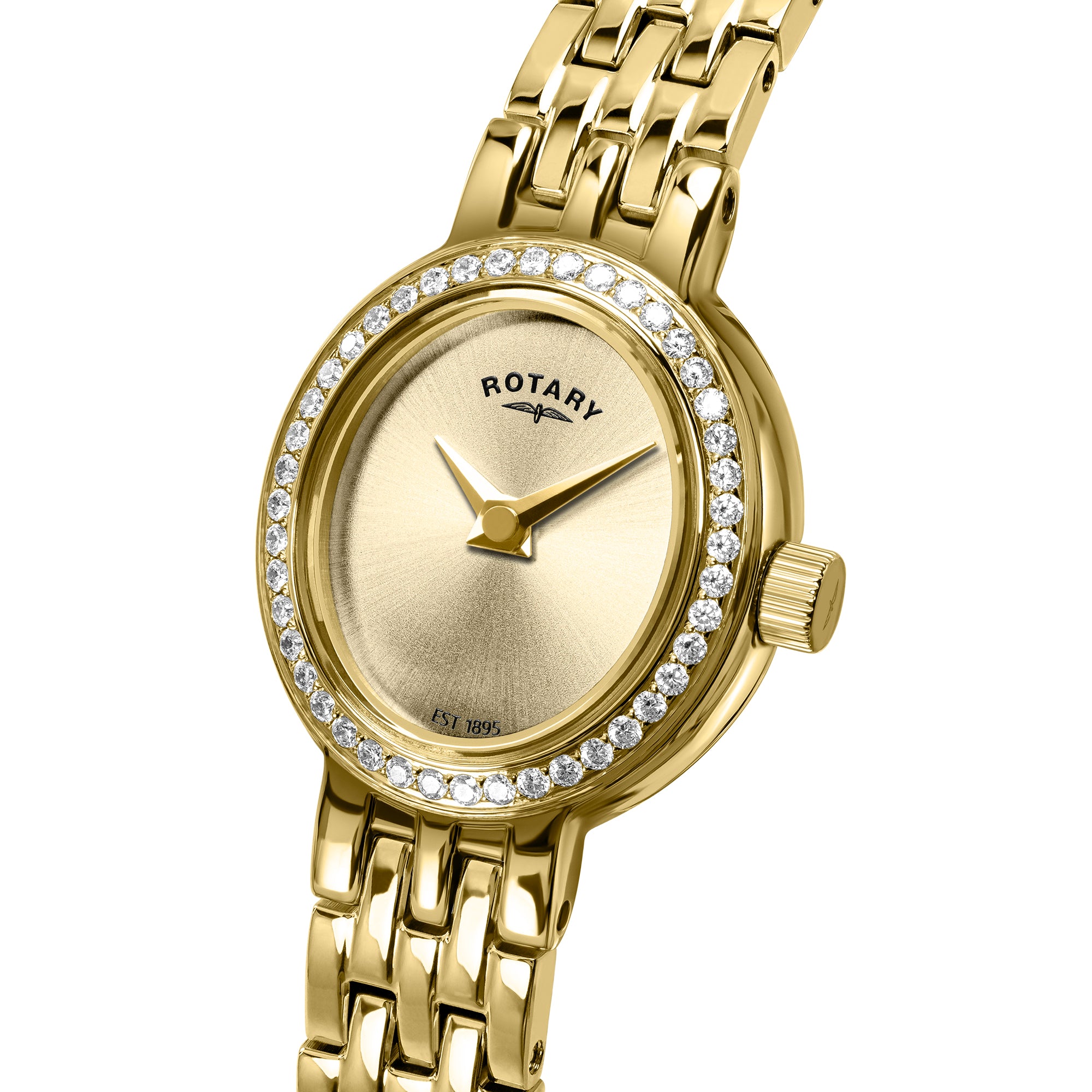 Gold Rotary cocktail wristwatch with gem set accents on a white background