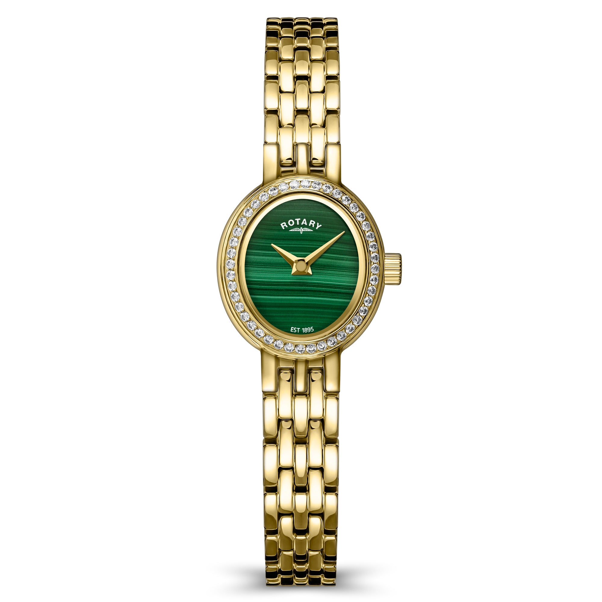 Gold Rotary cocktail wristwatch with a green dial on a white background