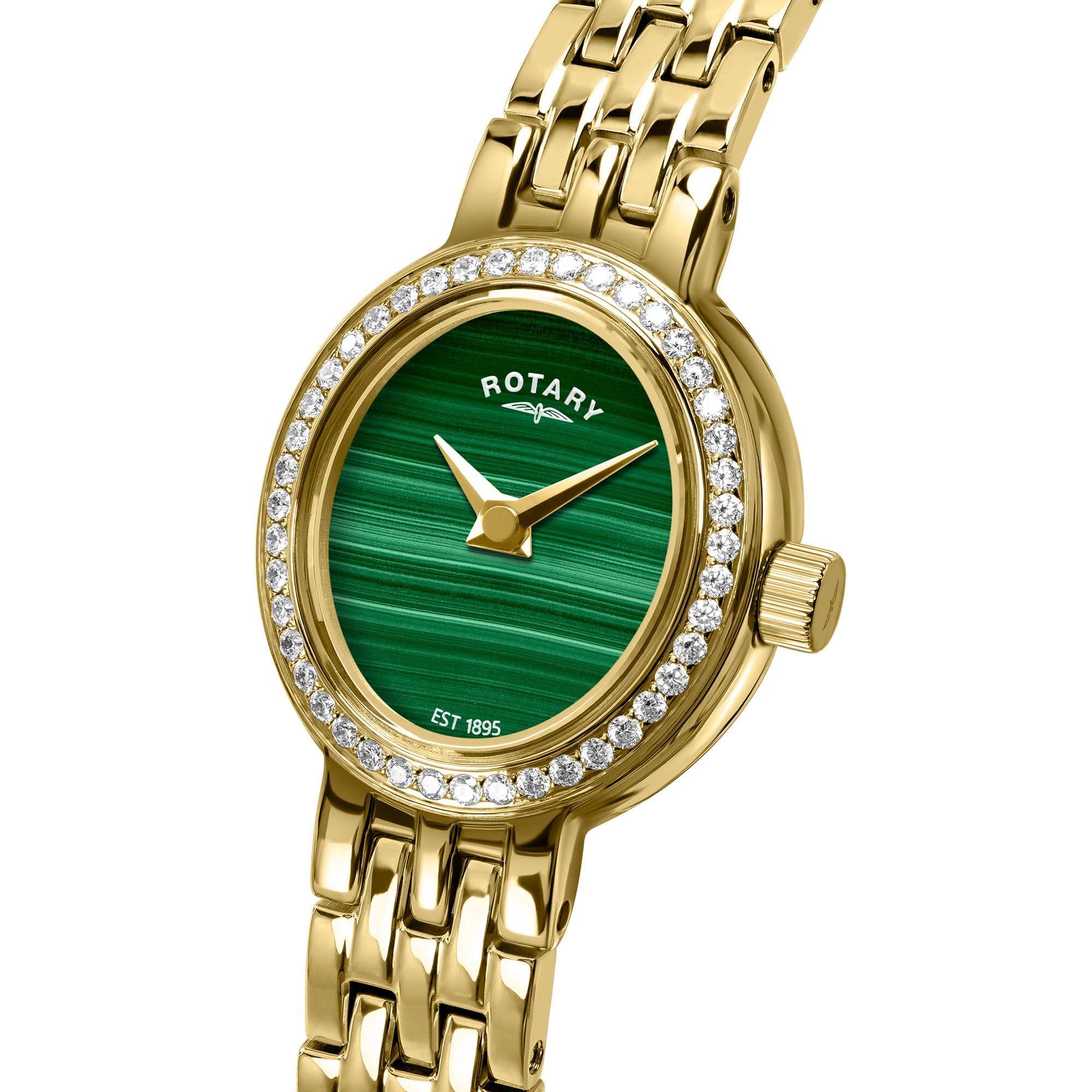 Gold Rotary Cocktail wristwatch with green stone dial and gem set accents on a white background
