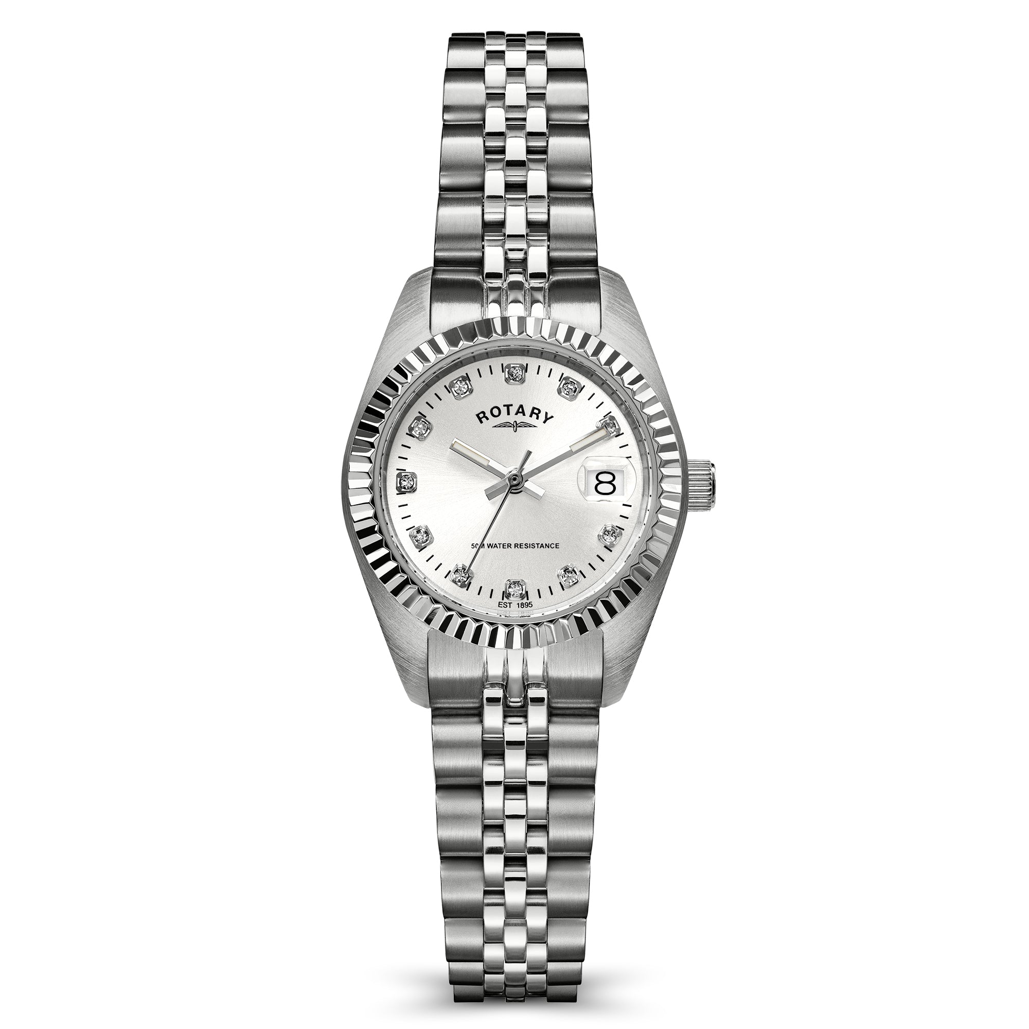 A silver-tone stainless steel Rotary watch with a fluted bezel, silver link bracelet, and a white dial with crystal hour markers and a date window.