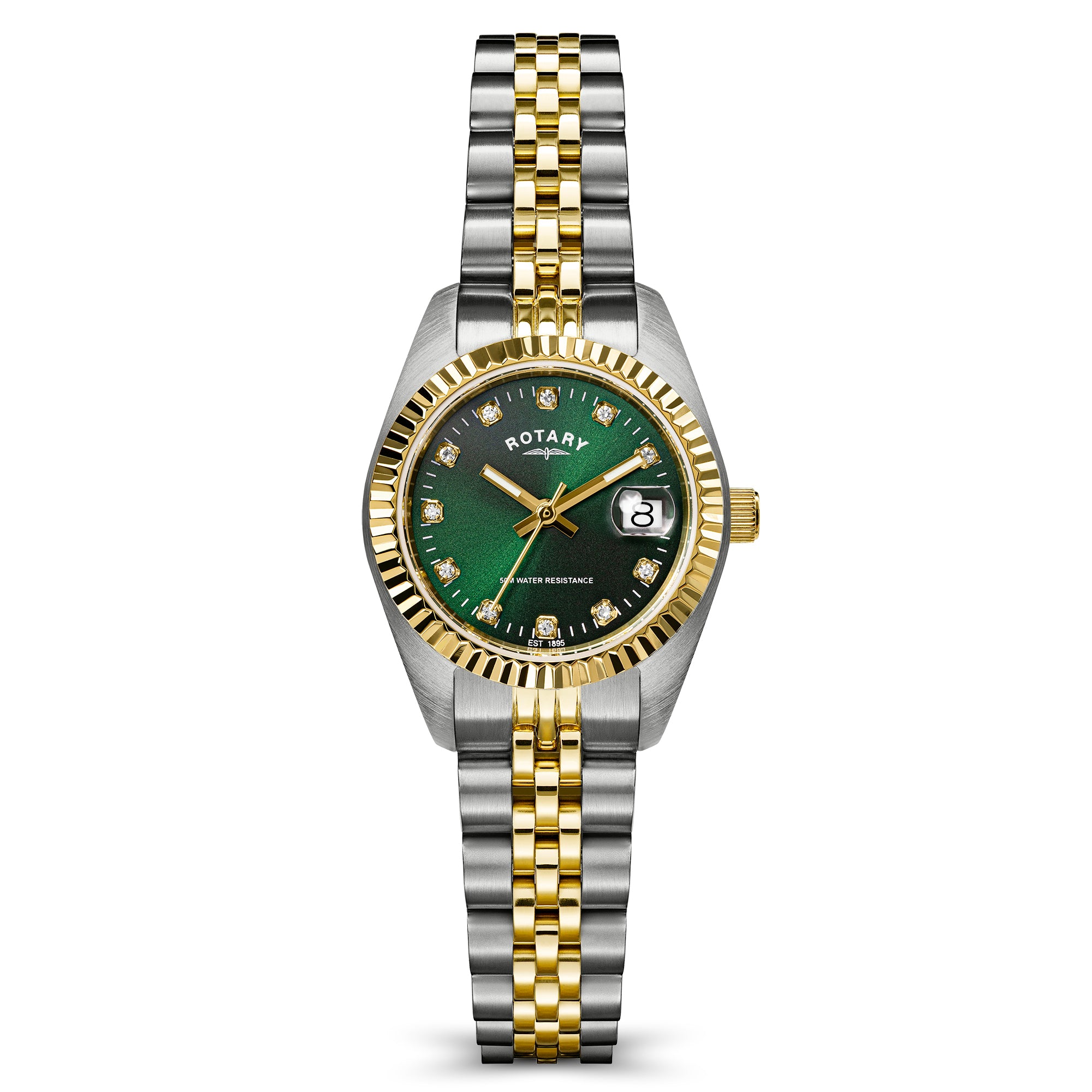 A Rotary Dress Date watch with a two-tone stainless steel and gold bracelet, featuring a green dial with gem-set hour markers and a fluted gold-tone bezel.