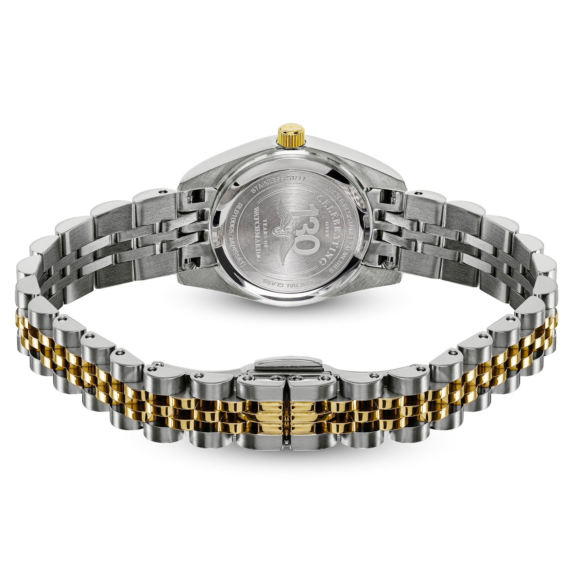 A two-tone stainless steel and gold Rotary wristwatch shown from the back, featuring a multi-link bracelet with alternating silver and gold segments, and a gold crown.