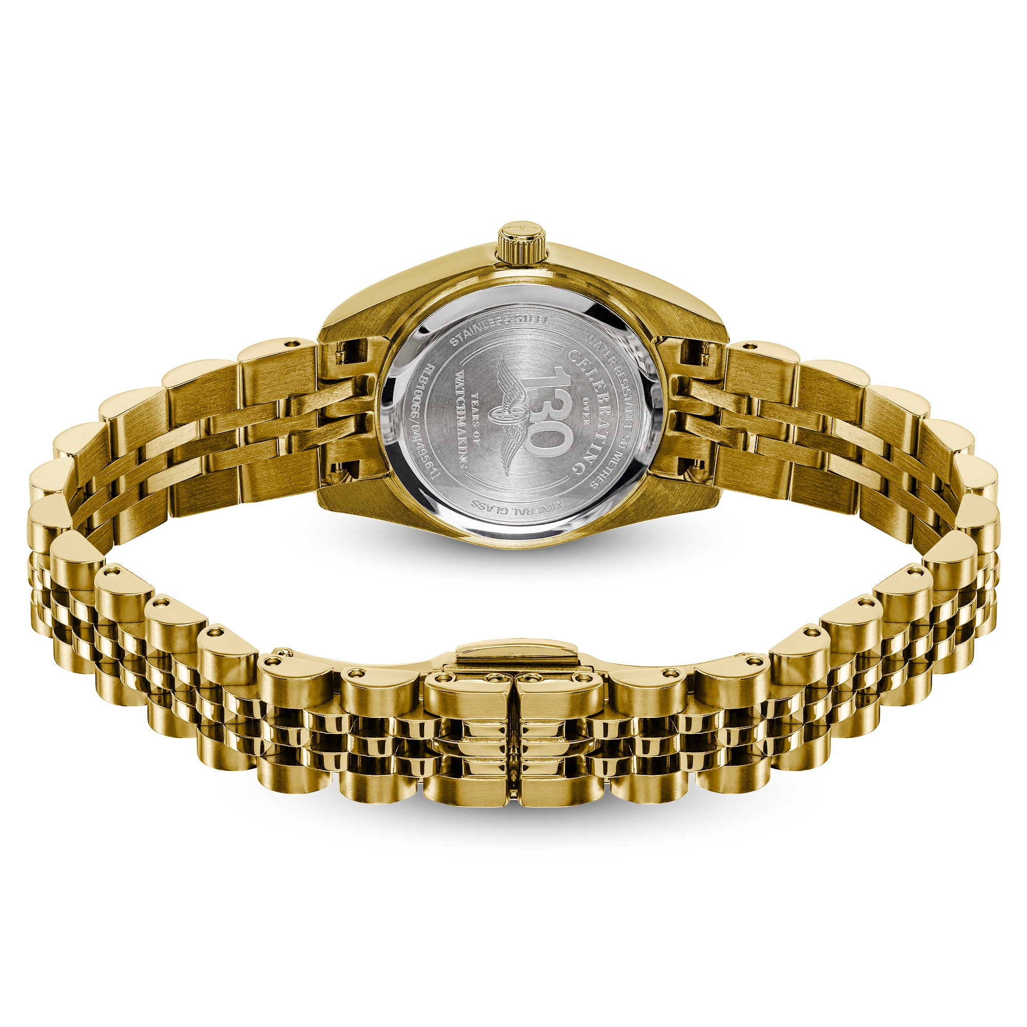 Gold-tone PVD stainless steel ladies Rotary watch with a multi-link bracelet, shown from the back to reveal the brushed silver-toned case back.