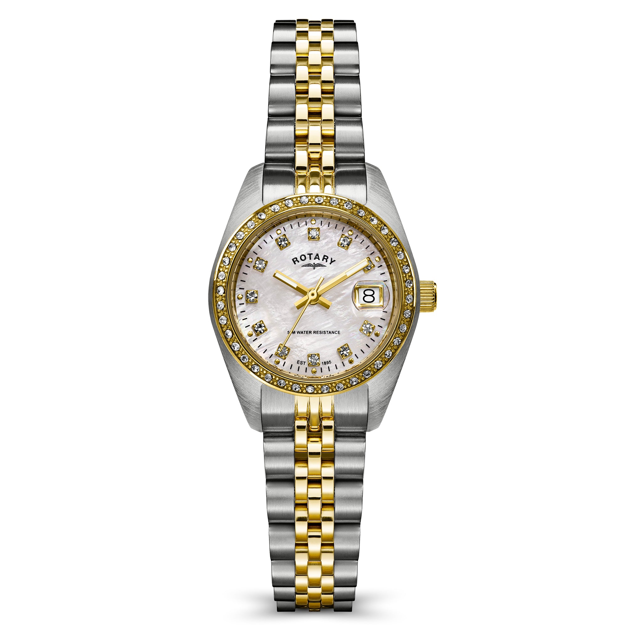A luxury two-tone ladies watch by Rotary, featuring a silver and gold-tone bracelet, a silver-tone case, a bezel set with small diamonds, and a white mother-of-pearl dial with gold hands and a date window.