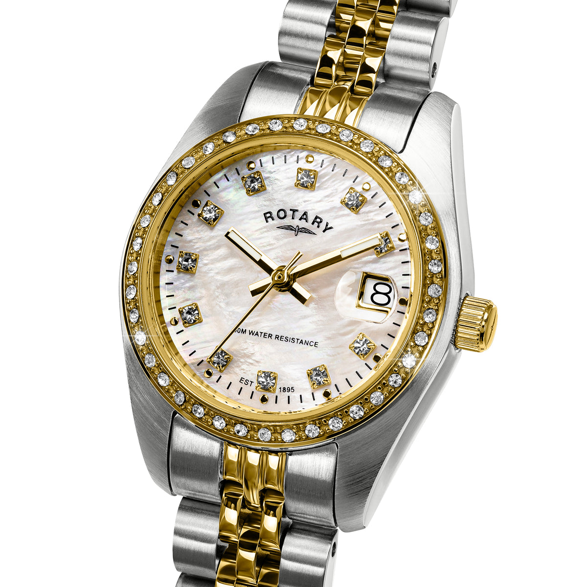 A Rotary Dress Date two-tone watch with a silver and gold stainless steel case and bracelet, featuring a white mother-of-pearl dial, a gold bezel set with clear crystals, and a date window at 3 o'clock.