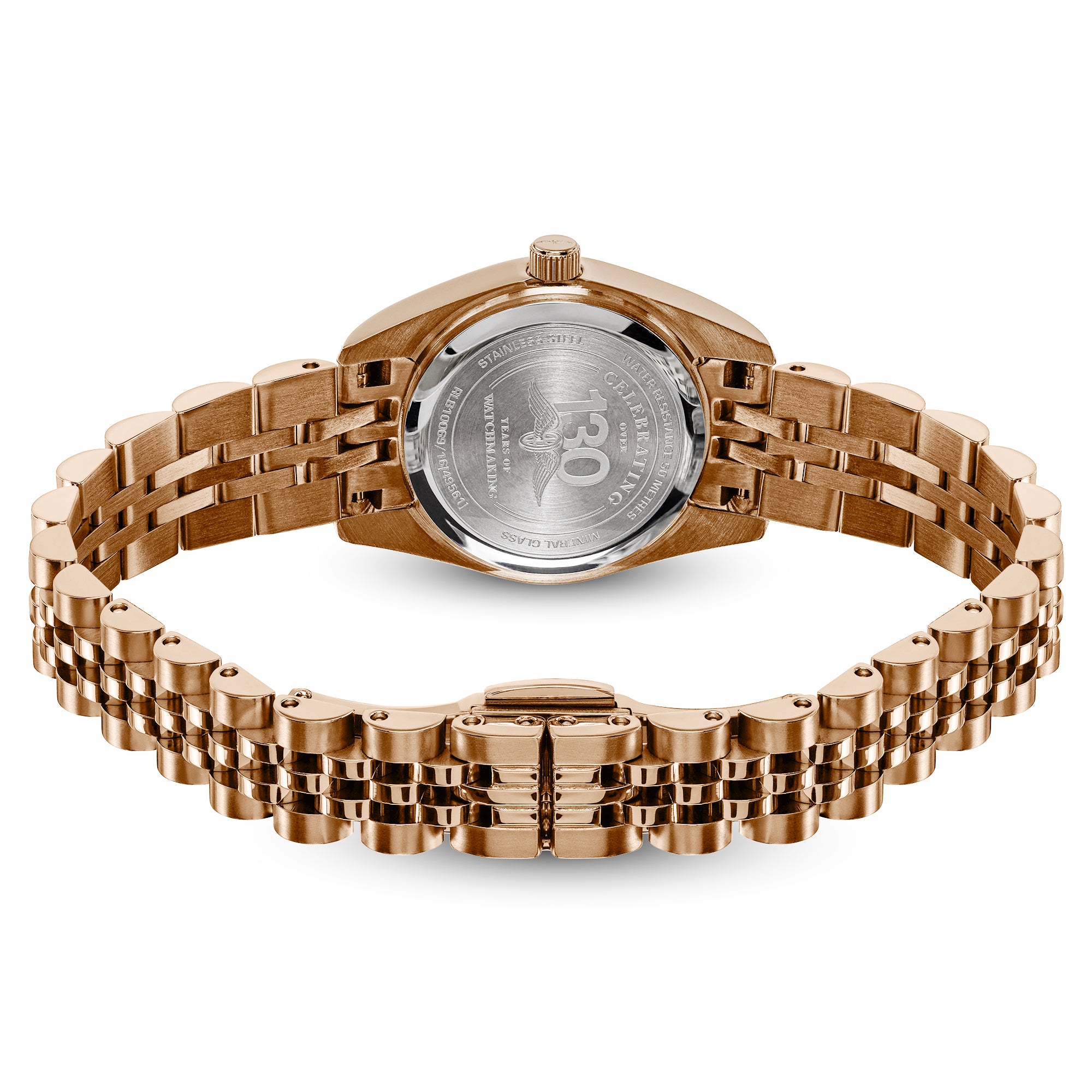 Rose gold stainless steel PVD watch with a metal link bracelet, shown from the back to display the engraved case back and clasp.
