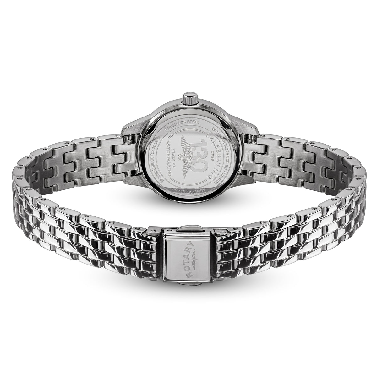 Silver-tone stainless steel Rotary watch band with a link design, shown from the back with the case end visible.