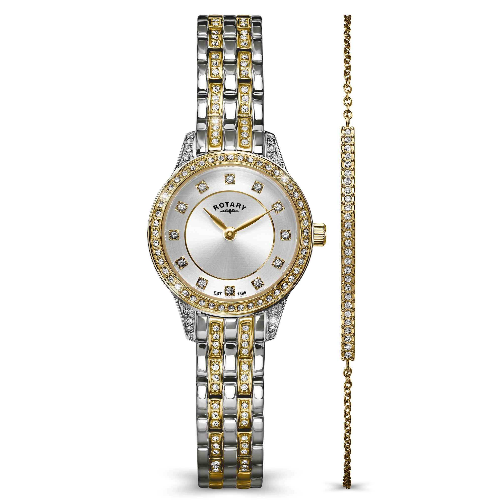 A two-tone silver and gold Rotary watch with a gem-set bezel and silver-and-gold link bracelet, shown alongside a matching slim gold bracelet on a white background.