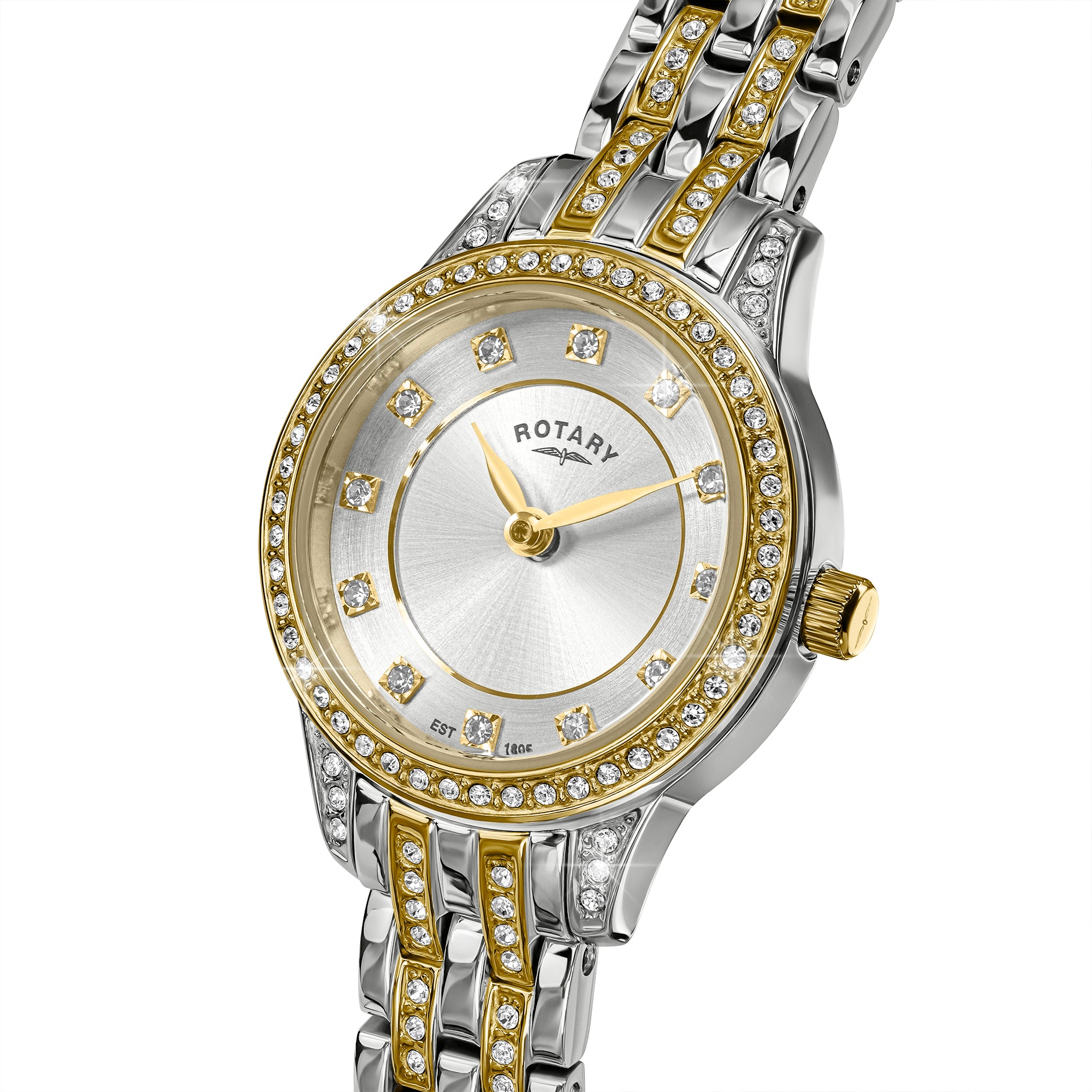 A two-tone silver and gold watch with a crystal-set bezel, a silver sunburst dial with gold hands, and a matching two-tone link bracelet, shown on a white background.