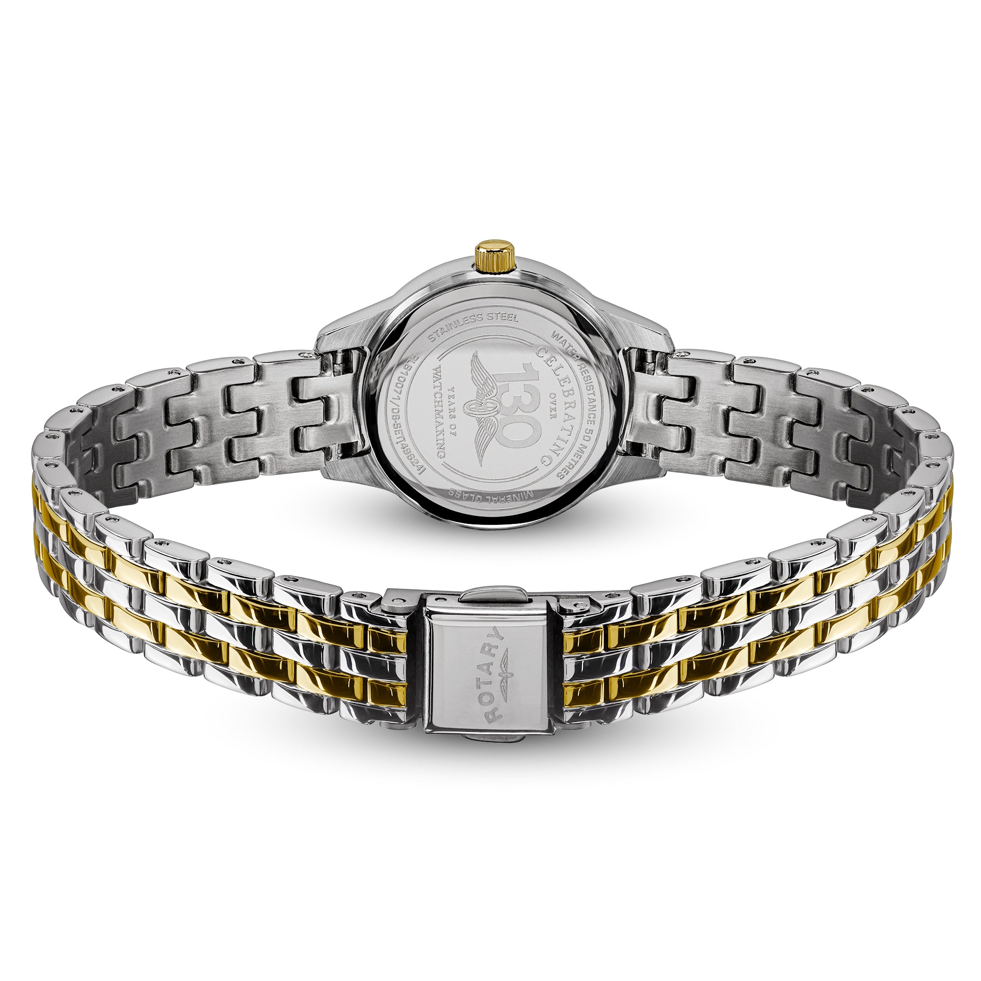 A two-tone Rotary stainless steel and gold-tone watch shown from the back, featuring a silver-toned case back with a and a matching two-tone metal bracelet on a white background.