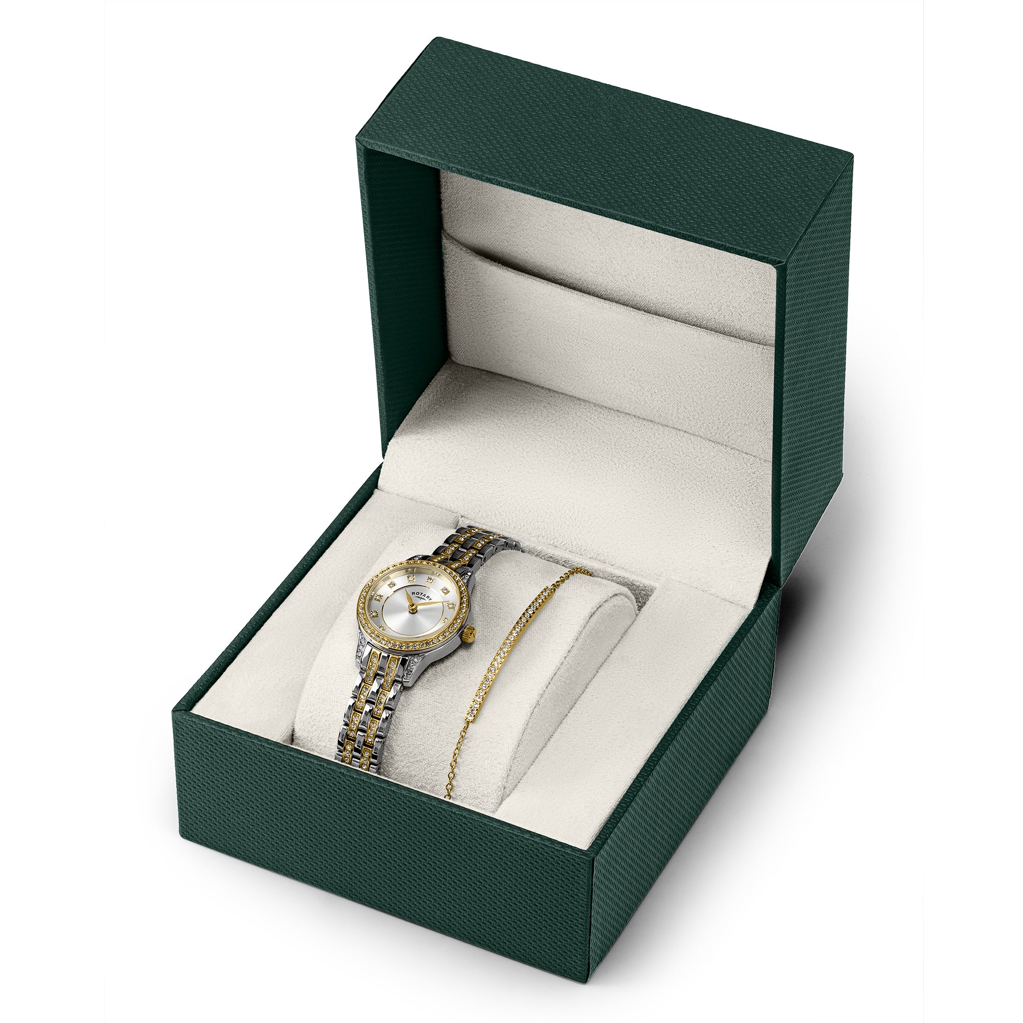 A two-tone silver and gold Rotary wristwatch with a white dial is presented inside an open dark green textured jewelry box with a cream-colored velvet interior.