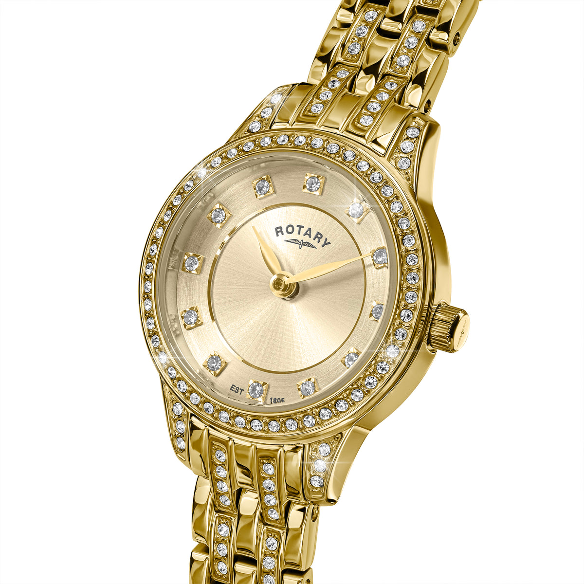 A gold-tone women's watch by Rotary, featuring a round bezel and case encrusted with clear crystals, a matching crystal-embellished dial, and a crystal-studded metal link bracelet, shown on a white background.