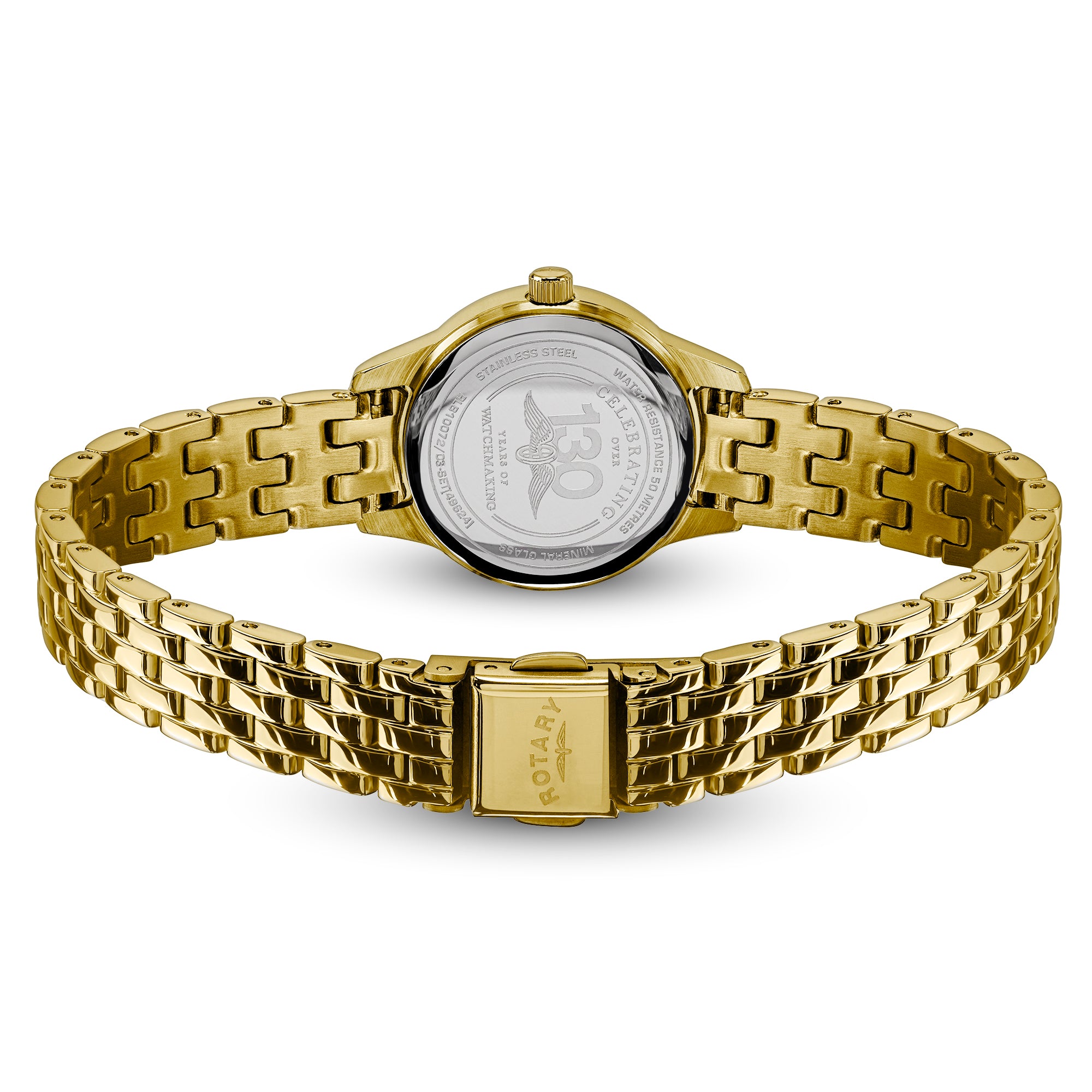 Gold-tone Rotary stainless steel watch with a multi-link bracelet and a round case, shown from the back on a white background.