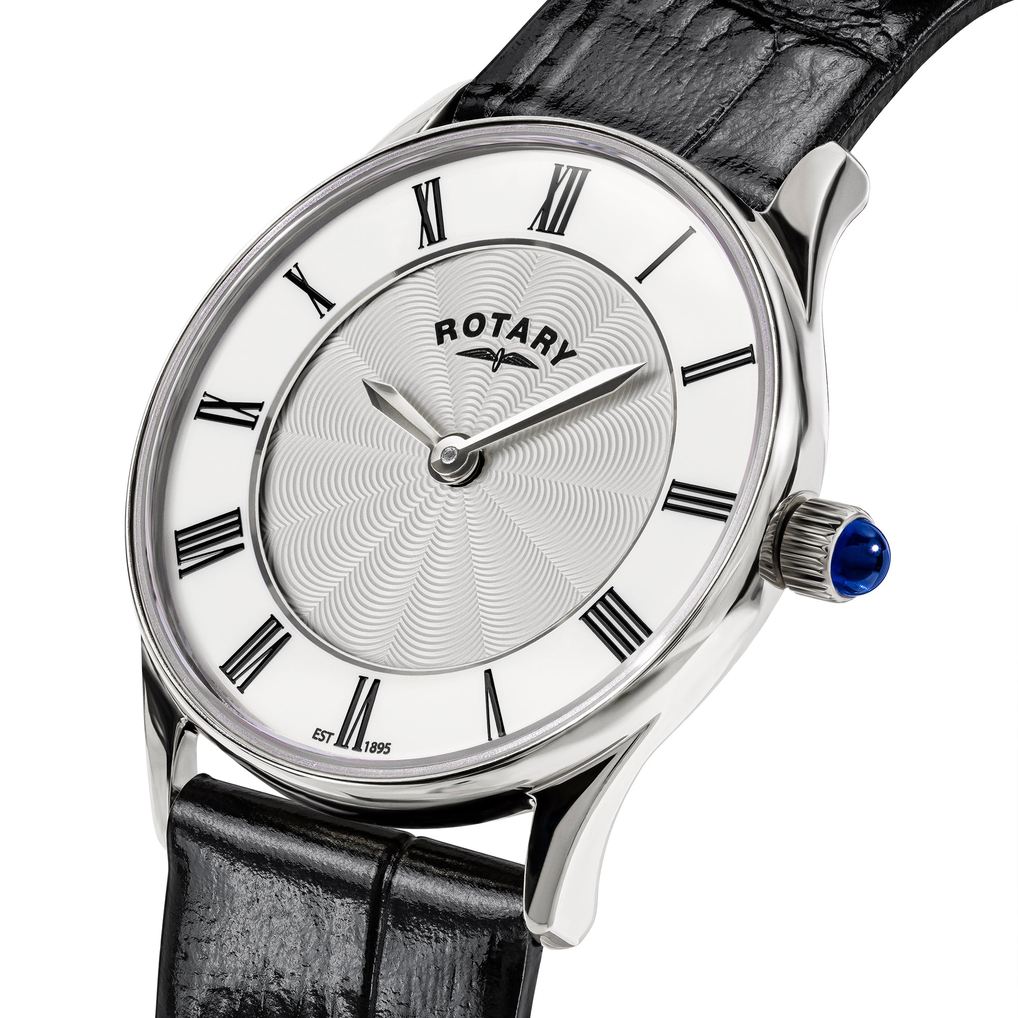 Rotary Heritage watch with black leather strap and silver case on a white background