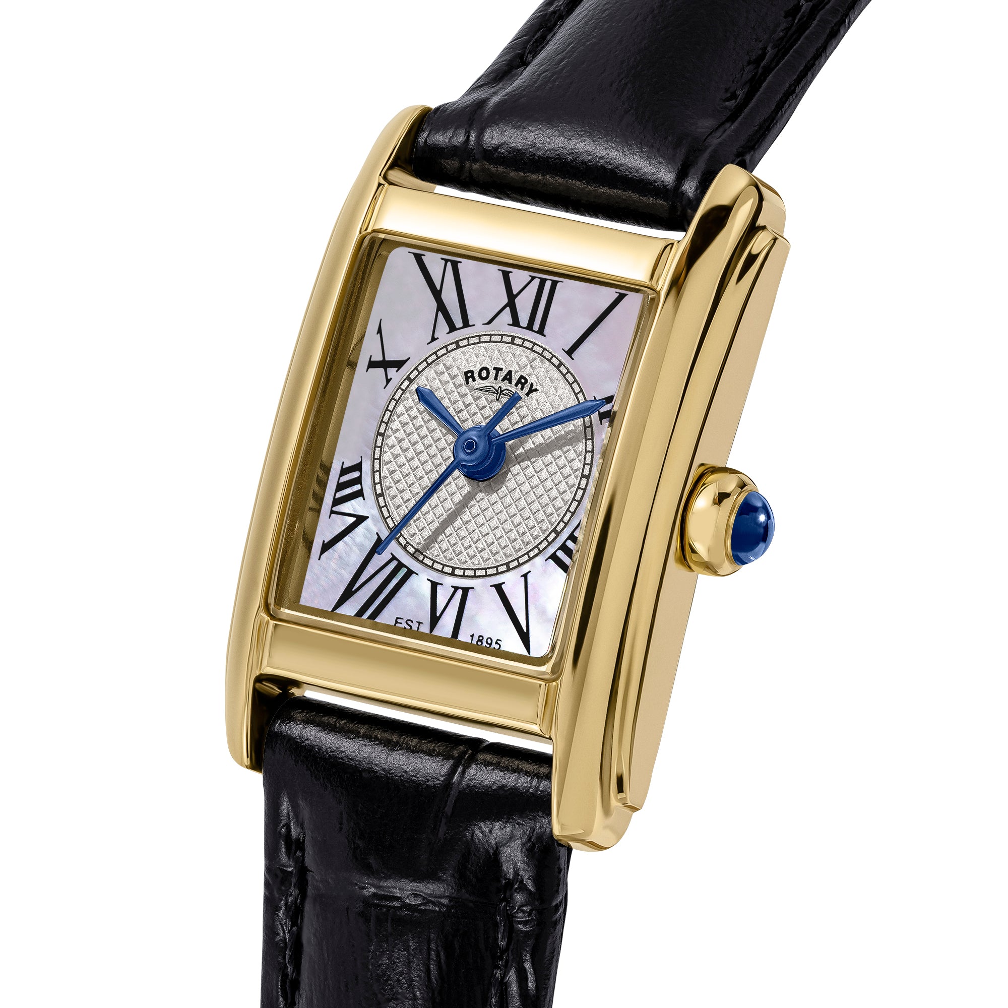 Gold-framed Rotary Heritage Astoria watch with black leather strap on a white background