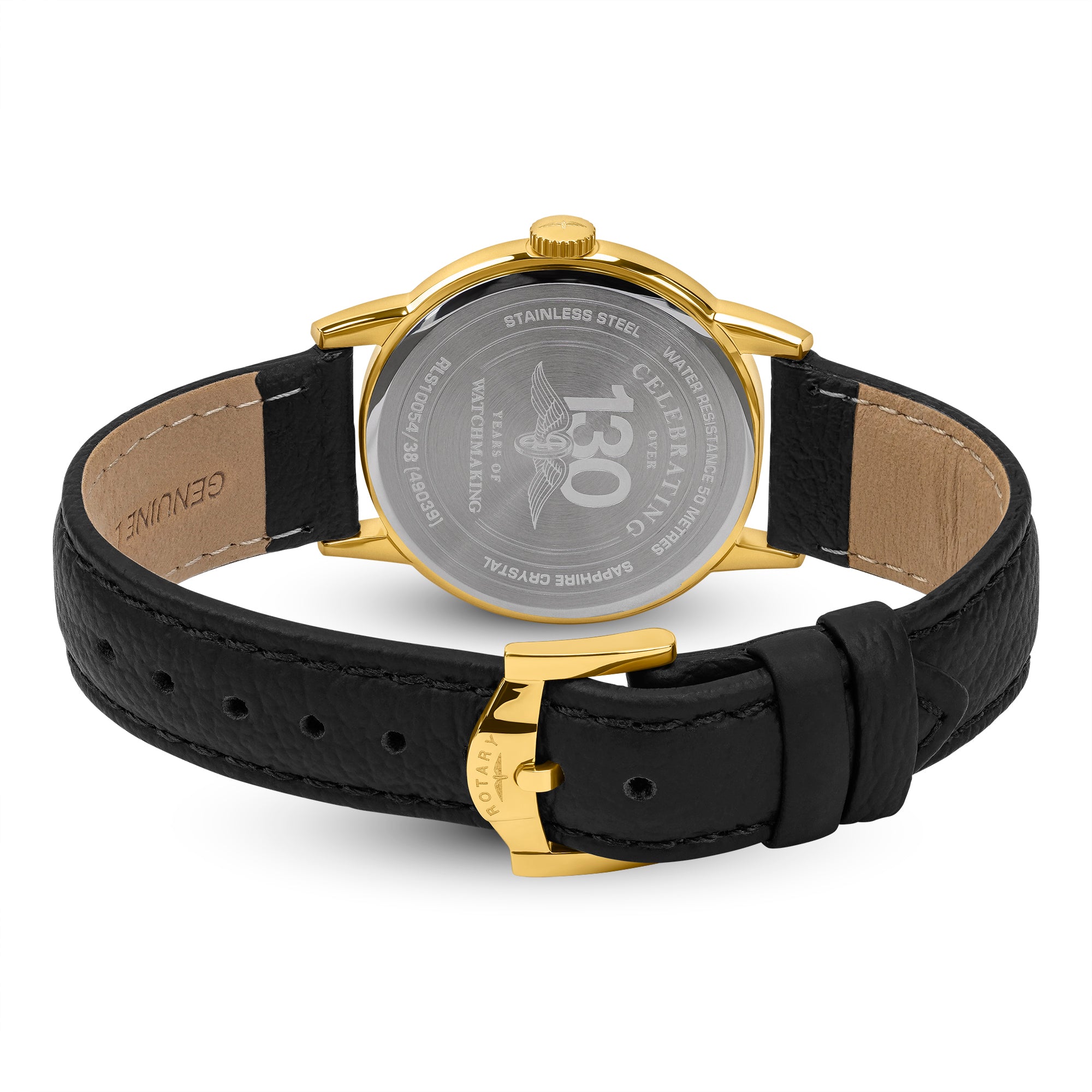Rotary watch with black leather strap and gold case on a white background