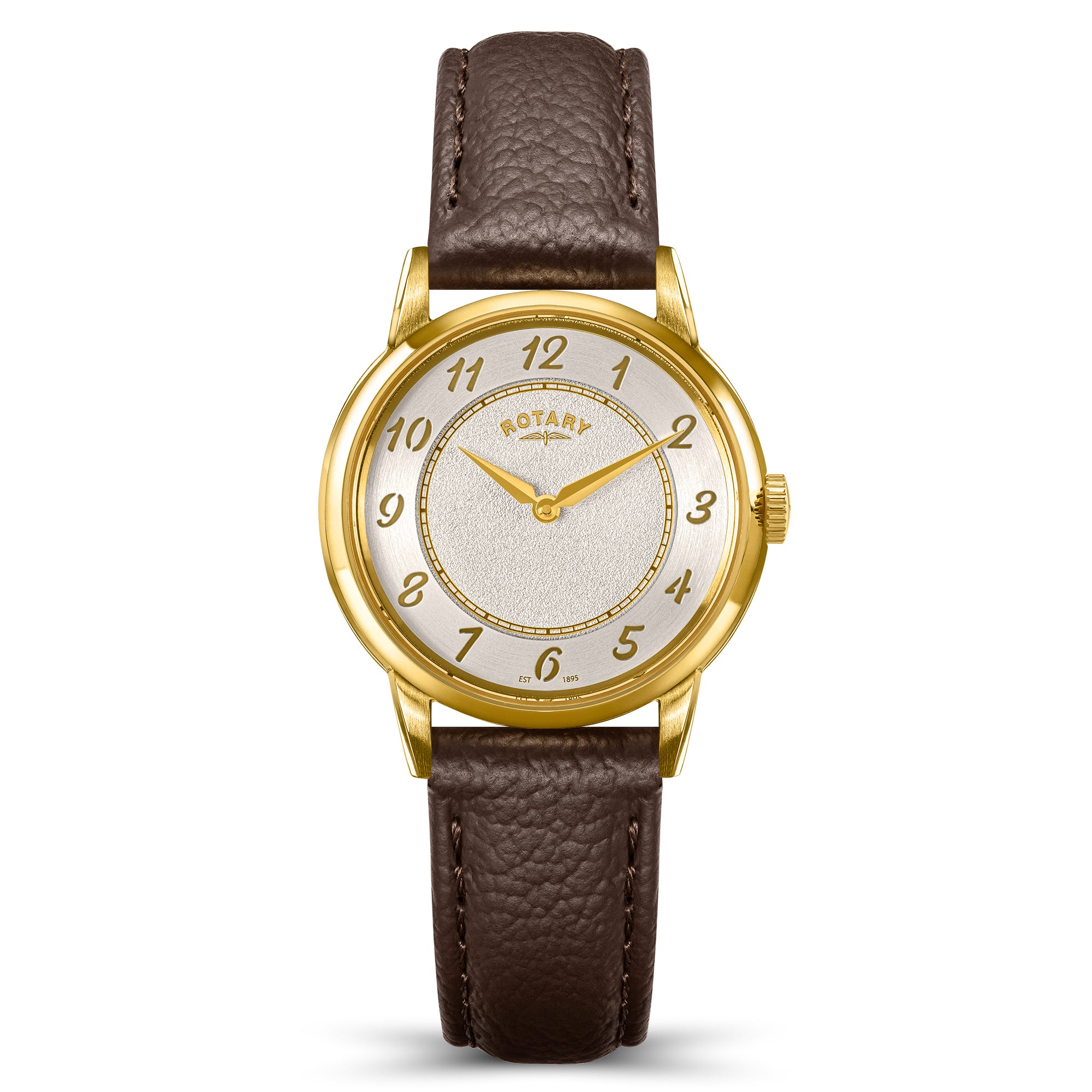 Gold Rotary wristwatch with brown leather strap on a white background