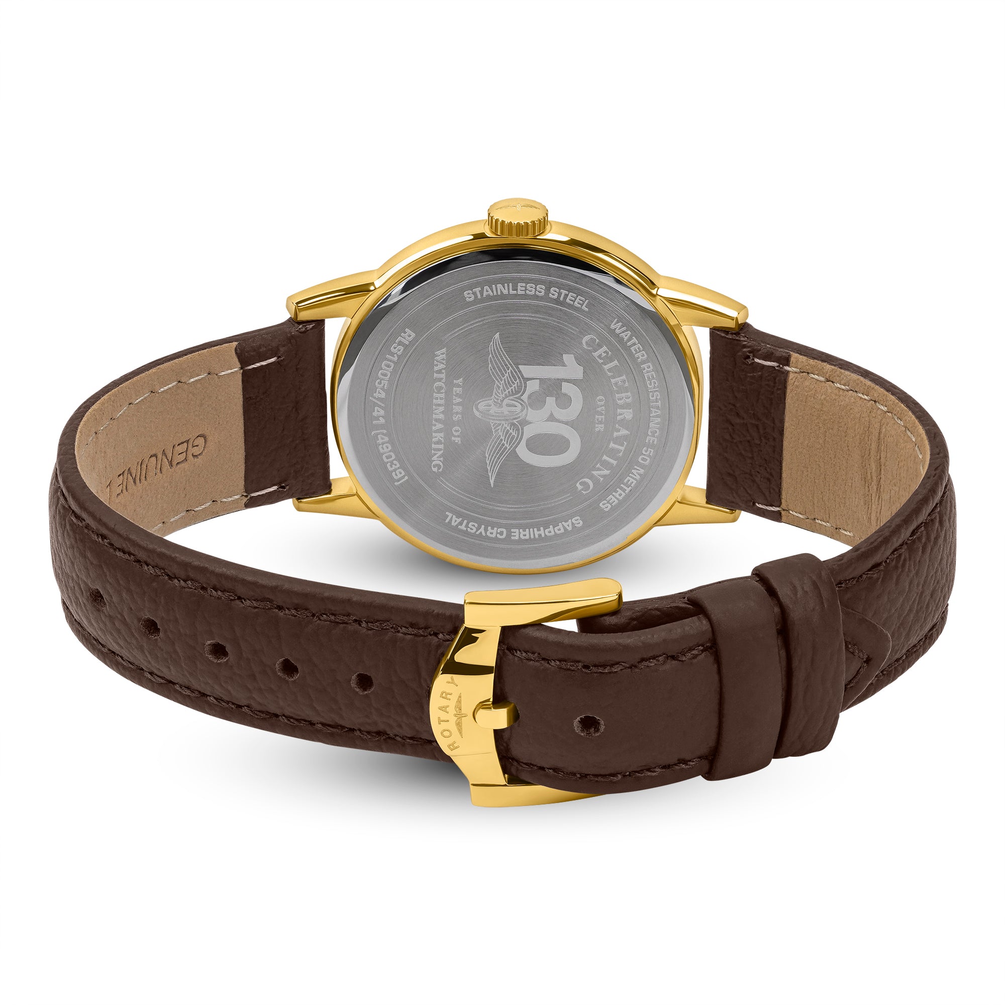 Ladies Rotary watch with brown leather strap and gold case on a white background