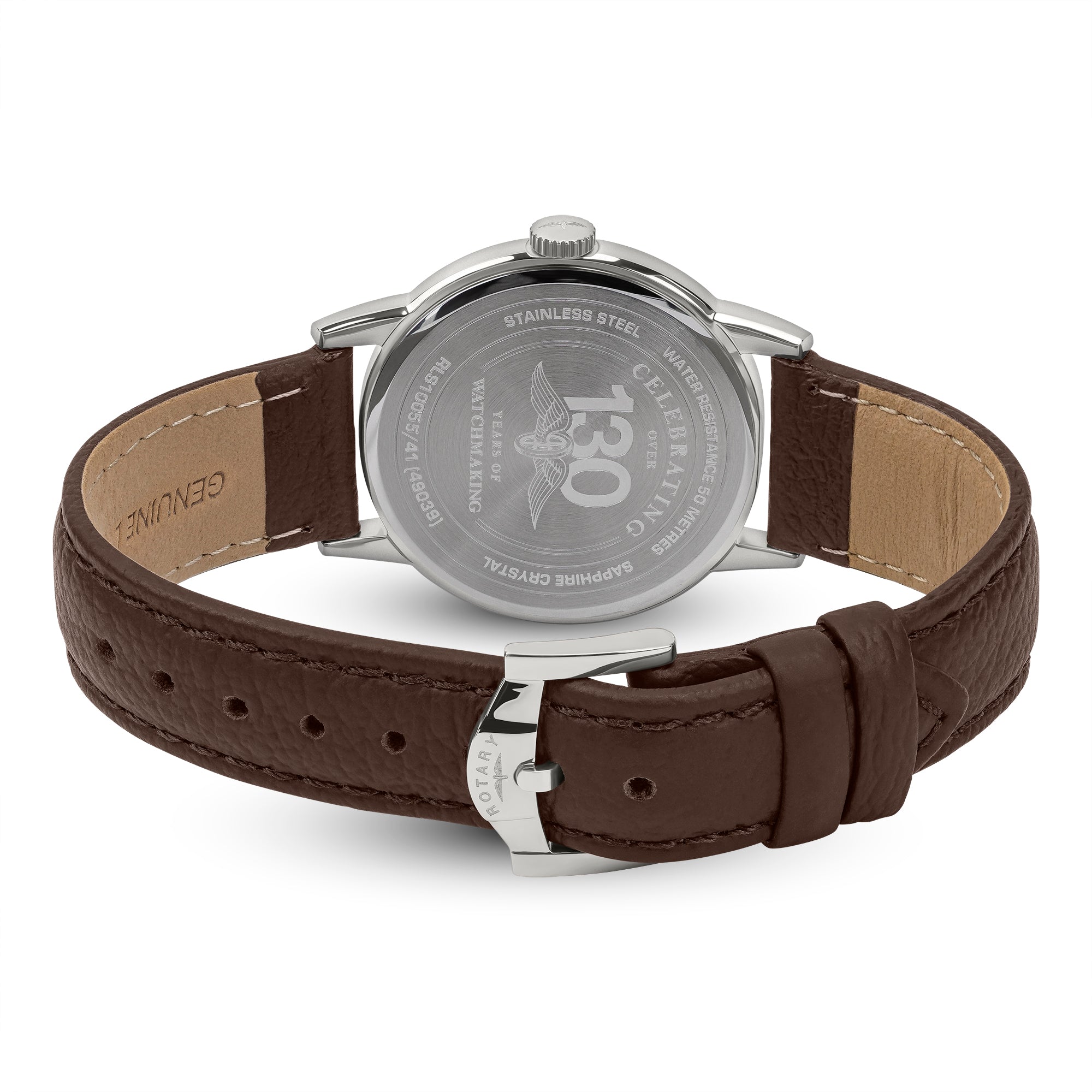 Rotary women's watch with brown leather strap and silver case on a white background