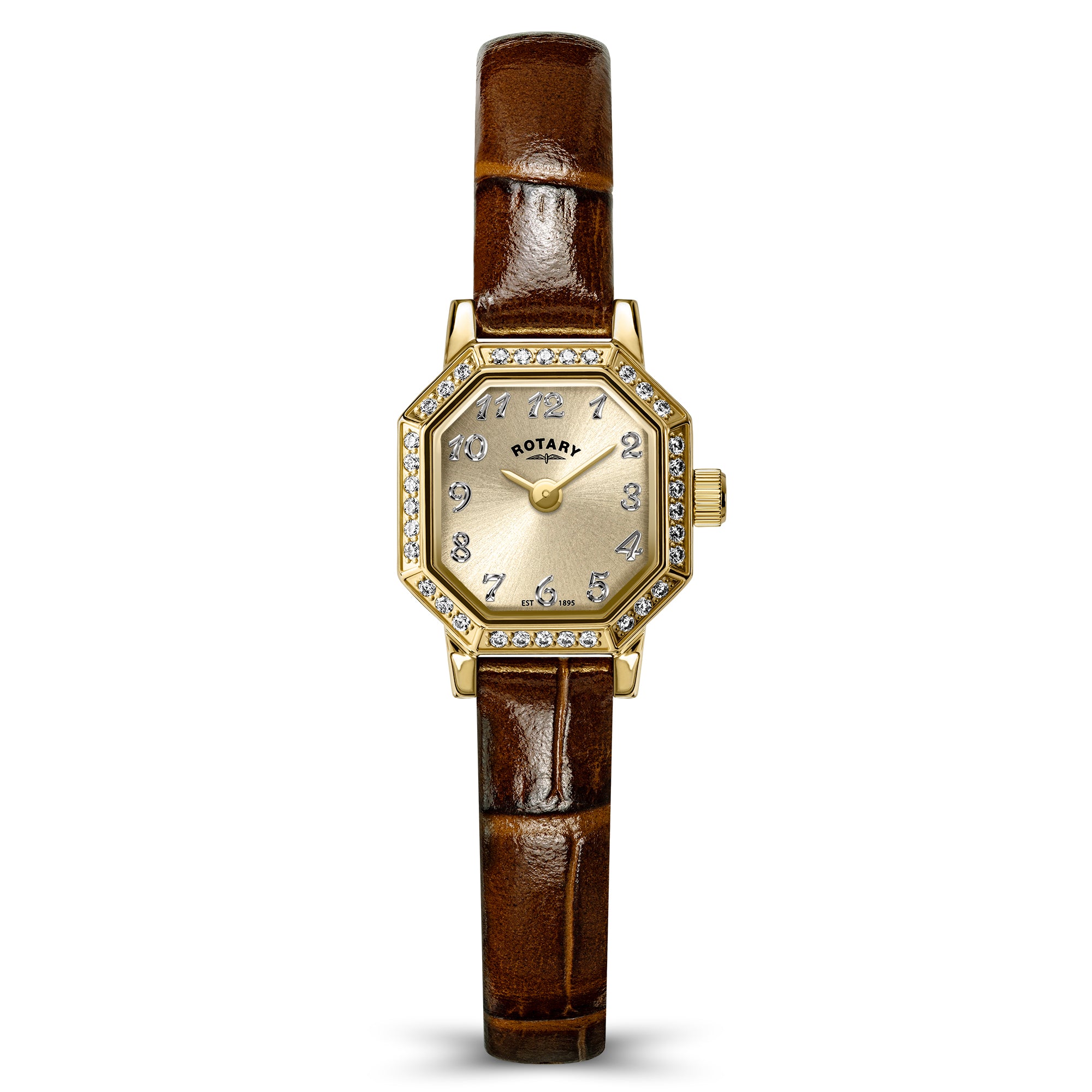 Rotary ladies watch with brown leather strap and gold case on white background