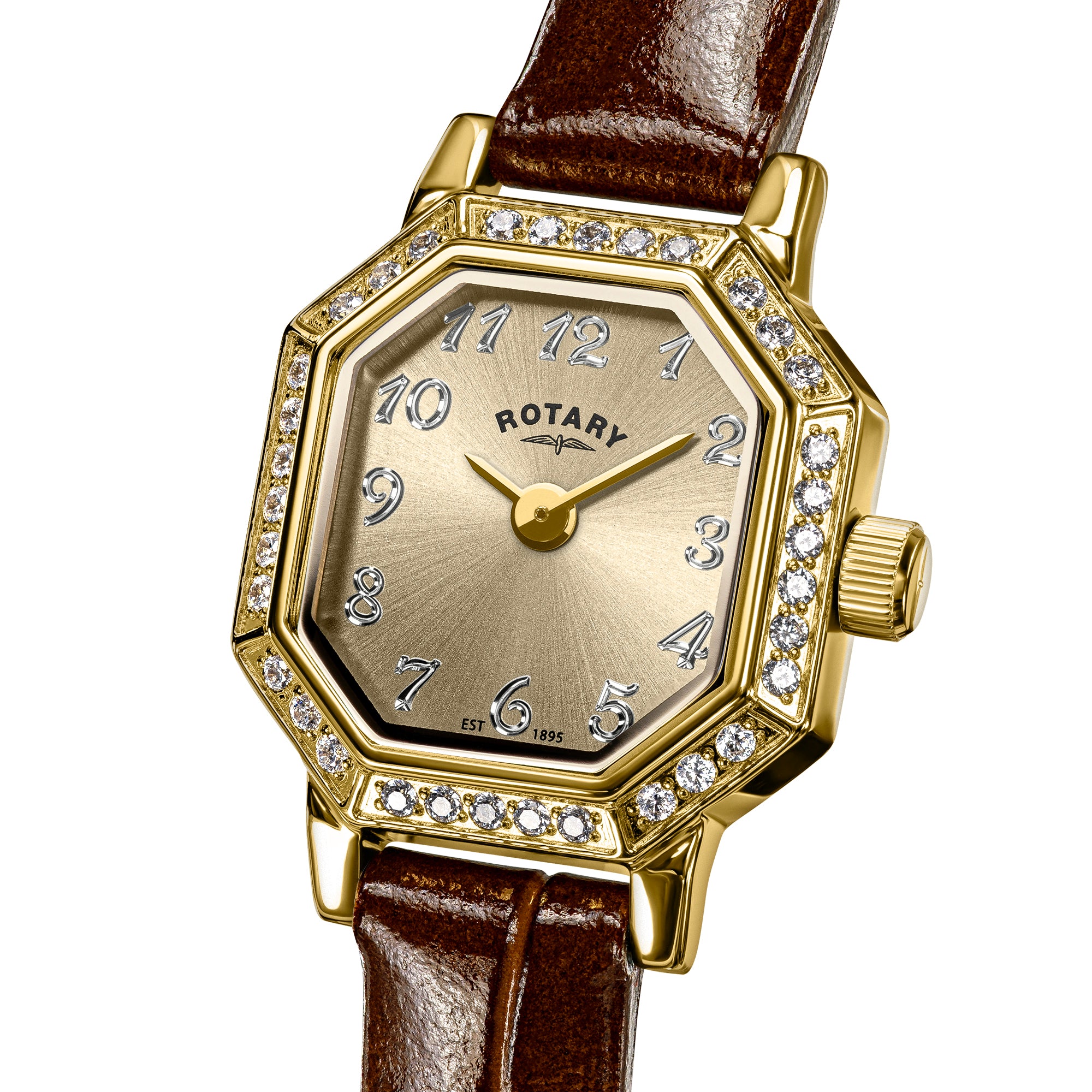 Ladies gold Rotary watch with gem-set accents and a brown leather strap on a white background