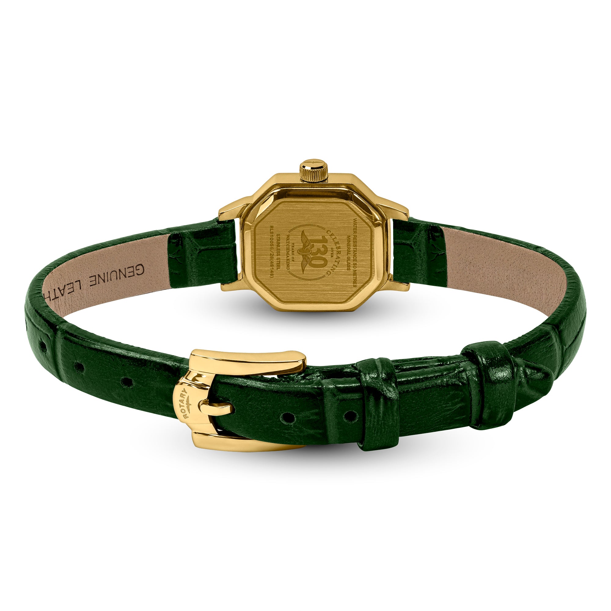 Gold Rotary ladies watch with green leather strap on a white background