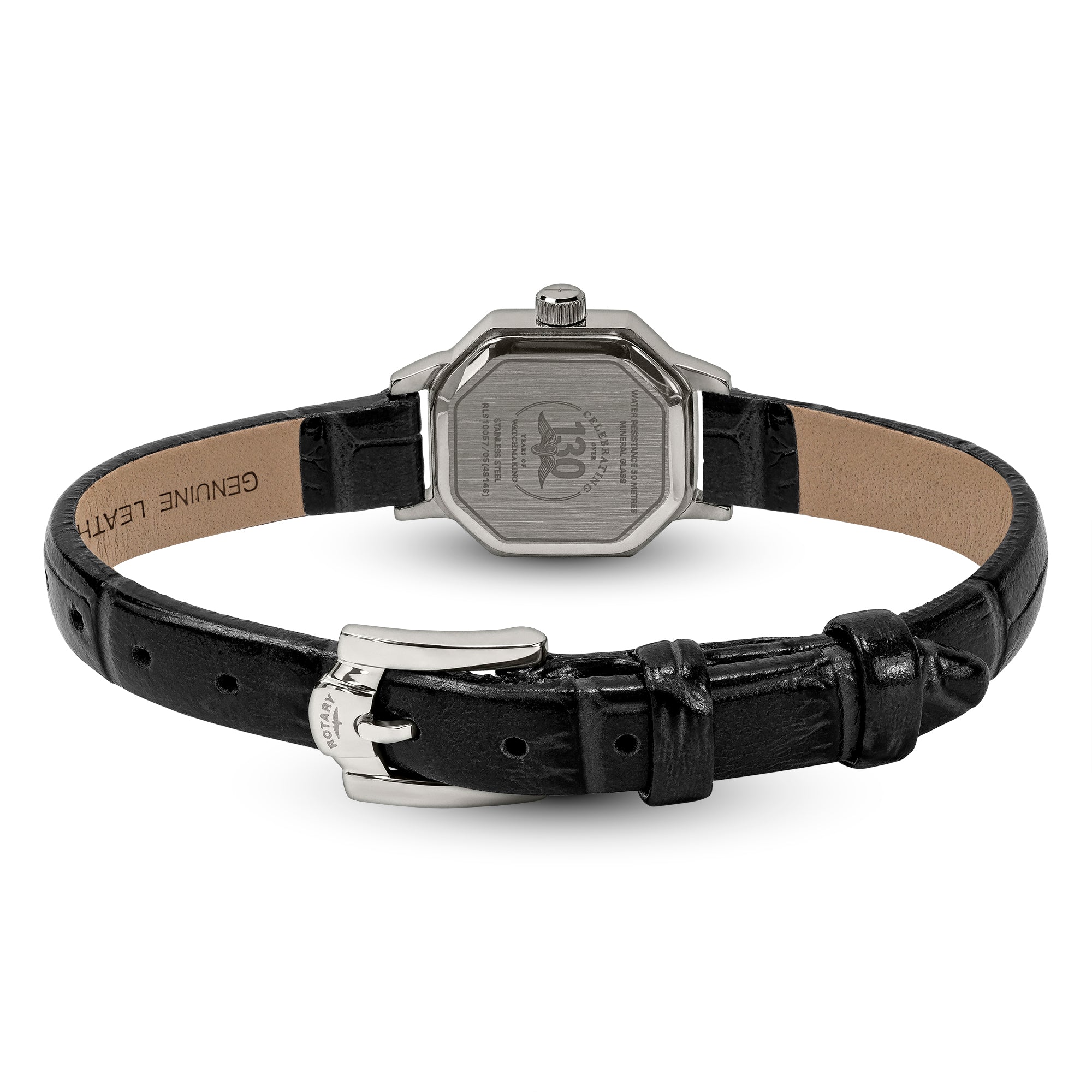 Black leather strap Rotary watch with silver buckle on a white background