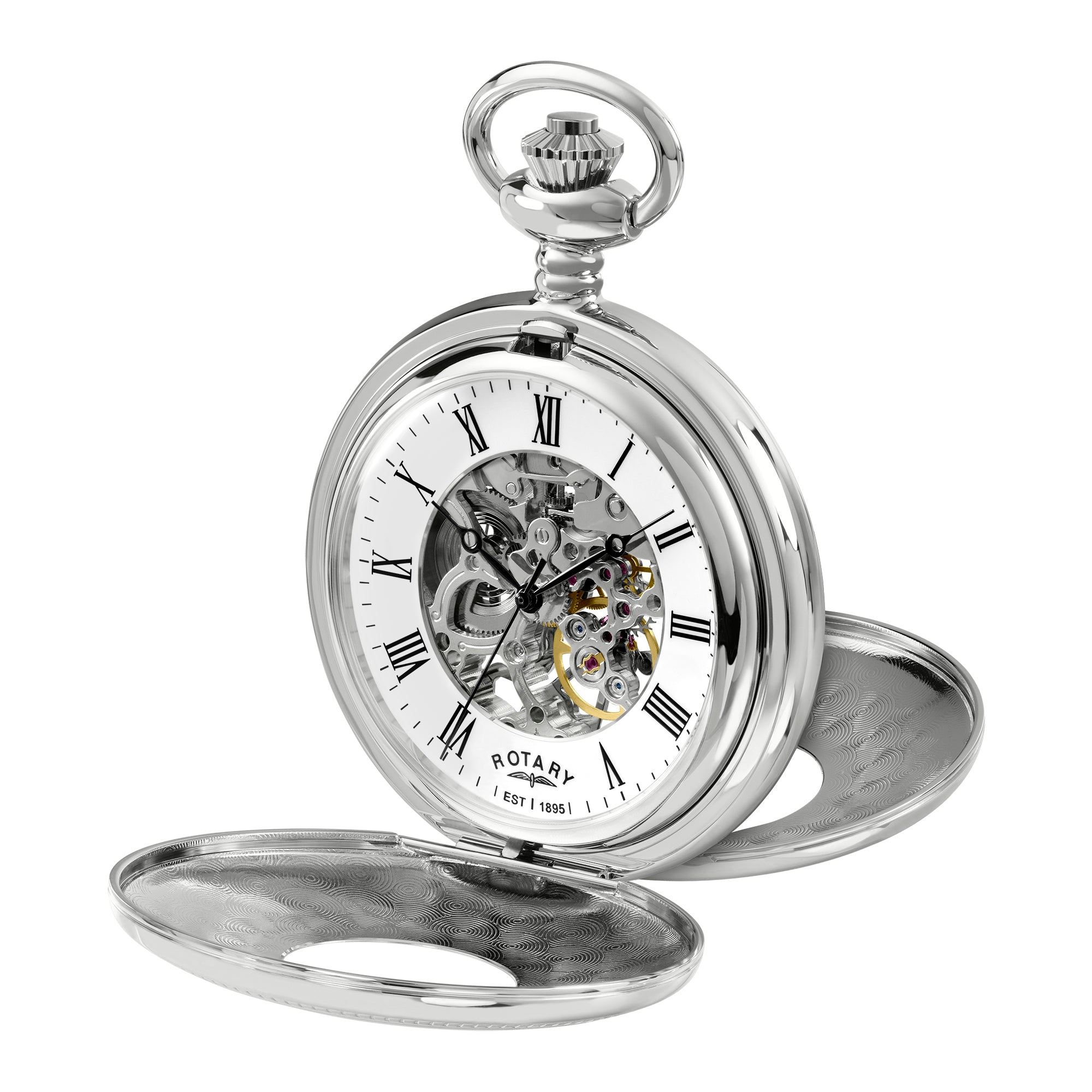 Silver Rotary pocket watch with open face on a white background