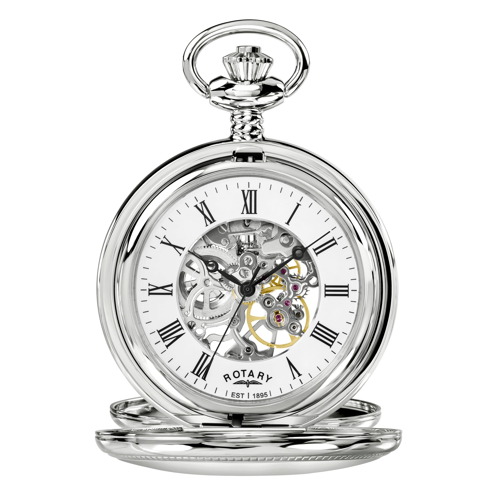 Silver Rotary pocket watch with white face and visible brand name on a white background