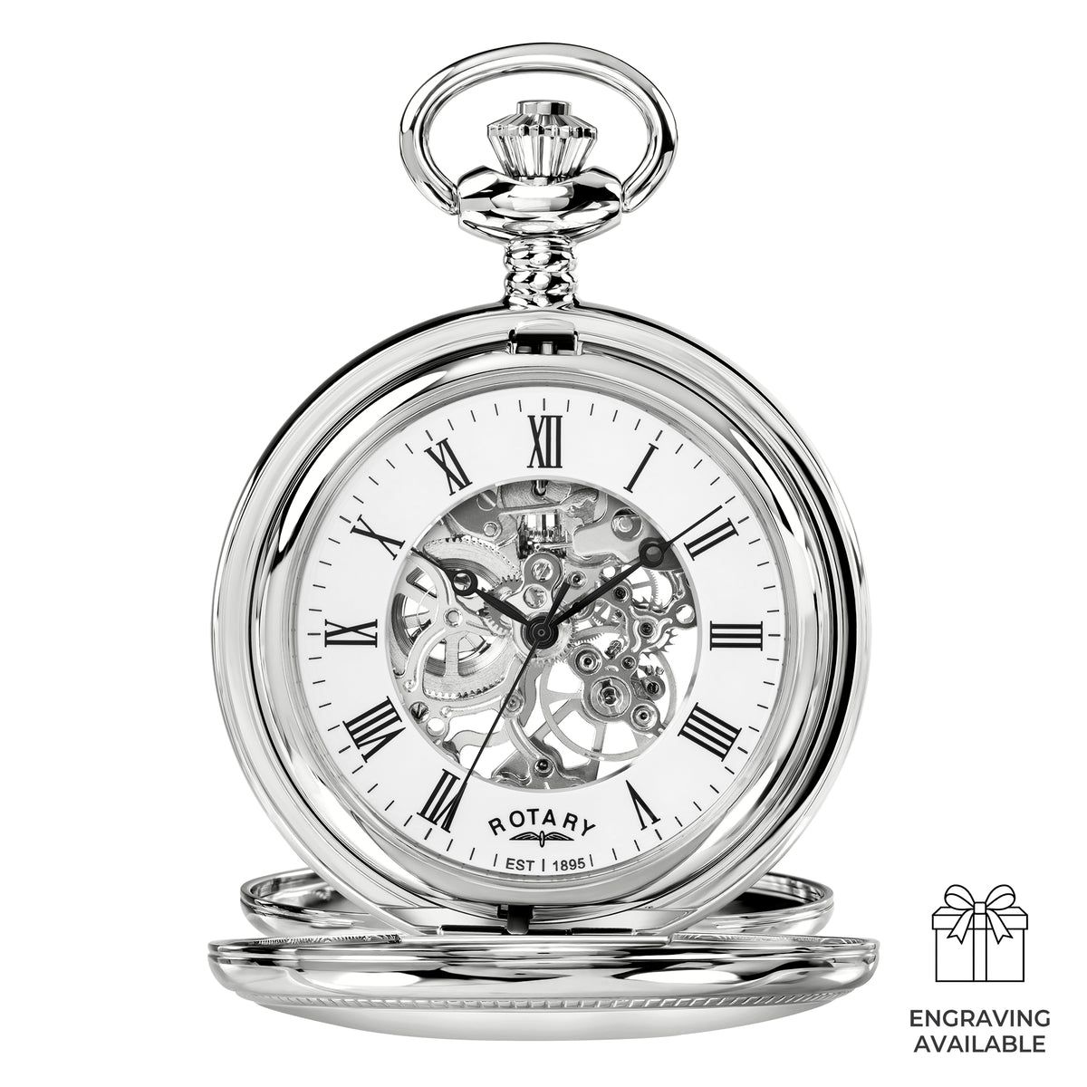 Silver Rotary pocket watch with white face and visible brand name on a white background
