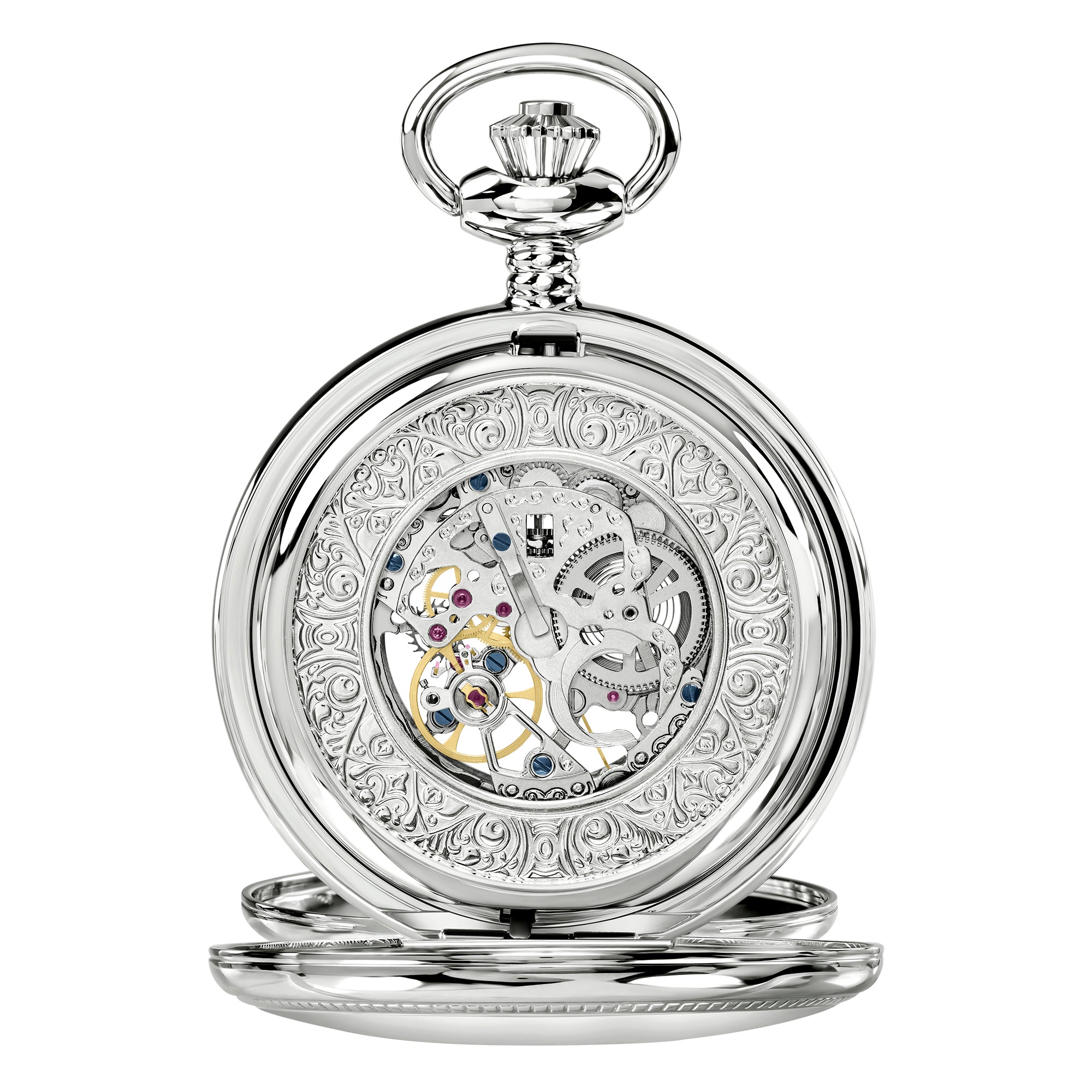 Silver Rotary pocket watch with intricate design on a white background
