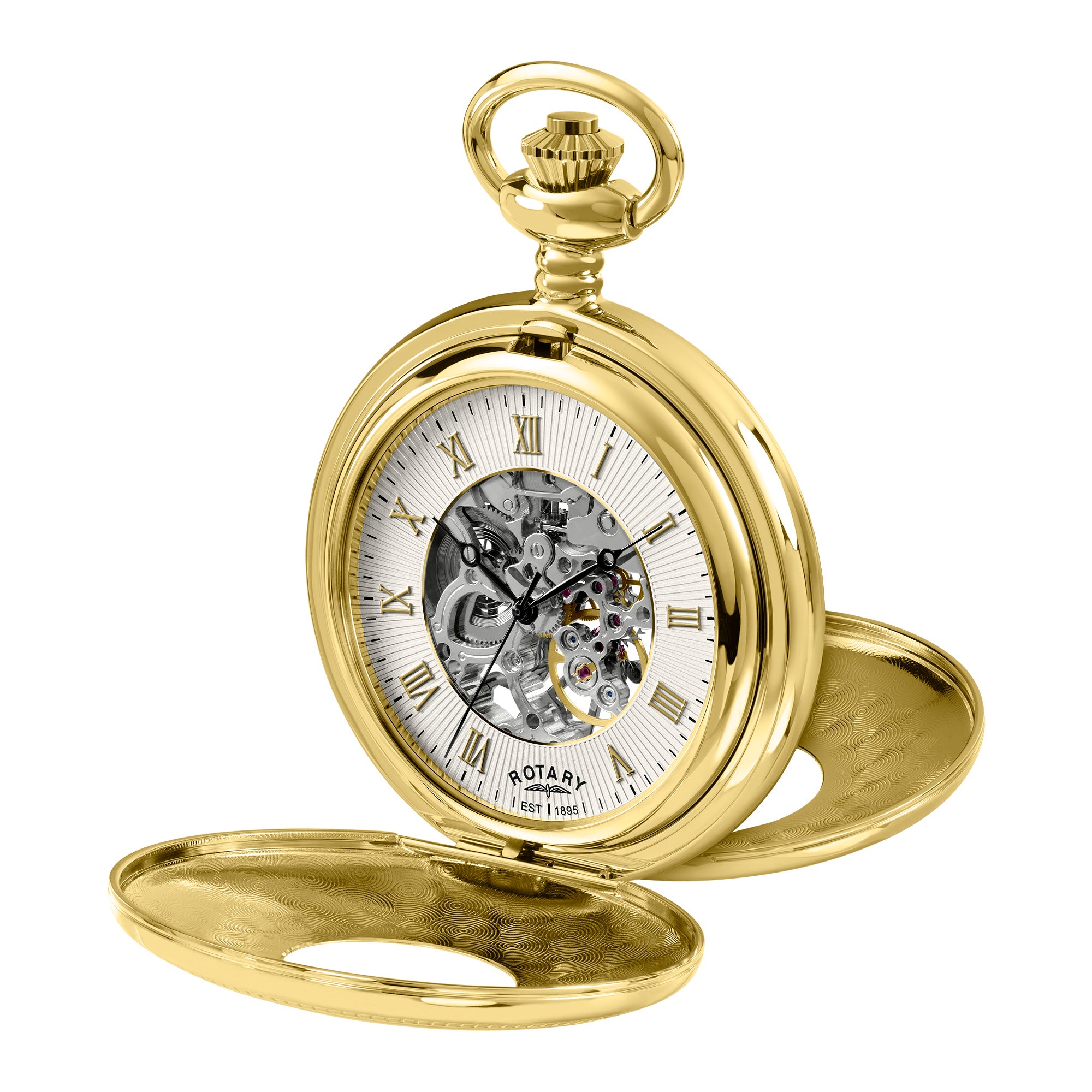 Gold Rotary pocket watch with visible brand name on a white background