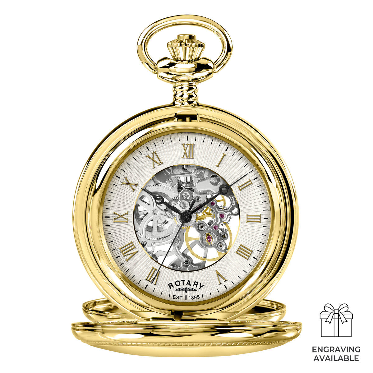 Gold Rotary pocket watch with white face and visible brand name on a white background
