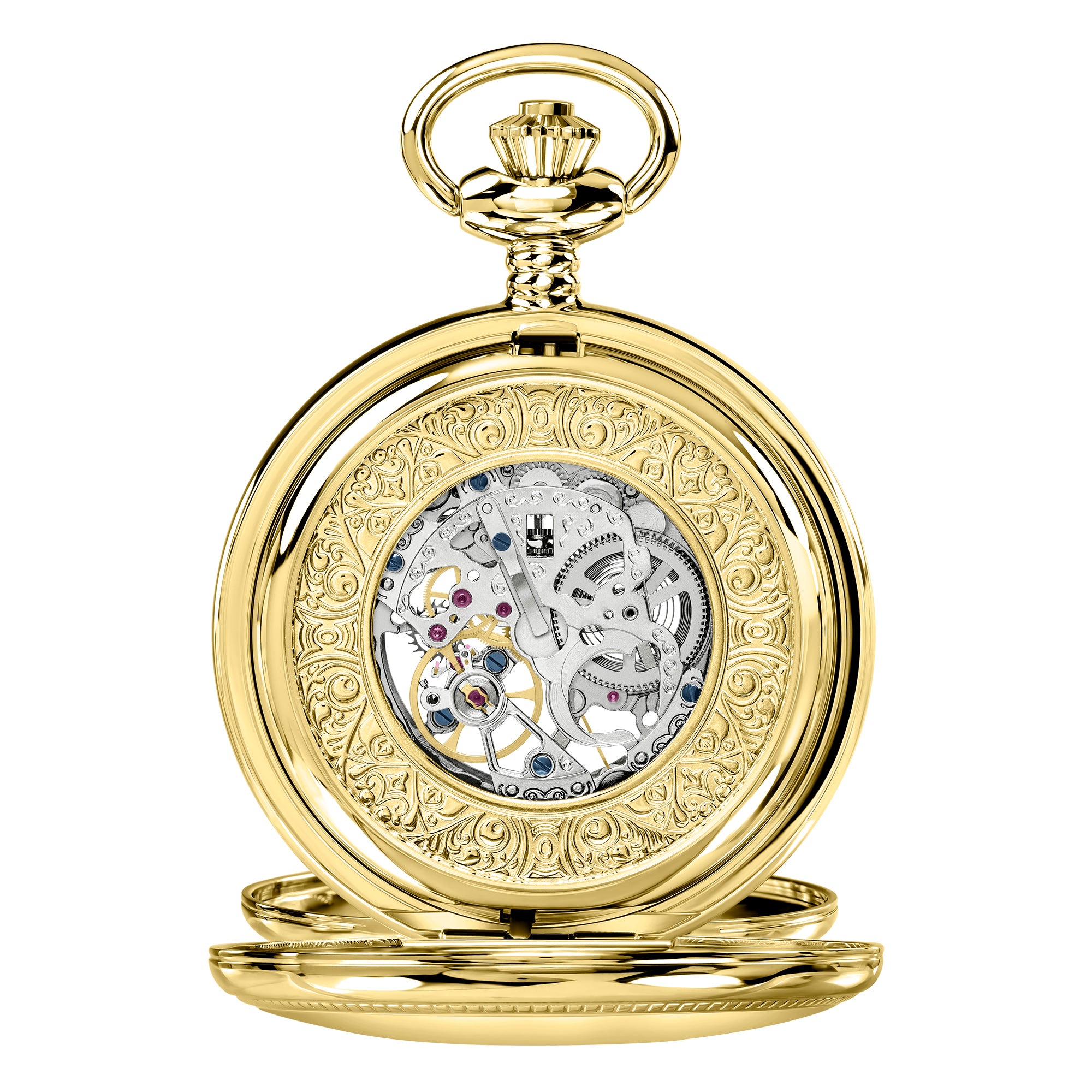 Gold Rotary pocket watch with intricate design on a white background