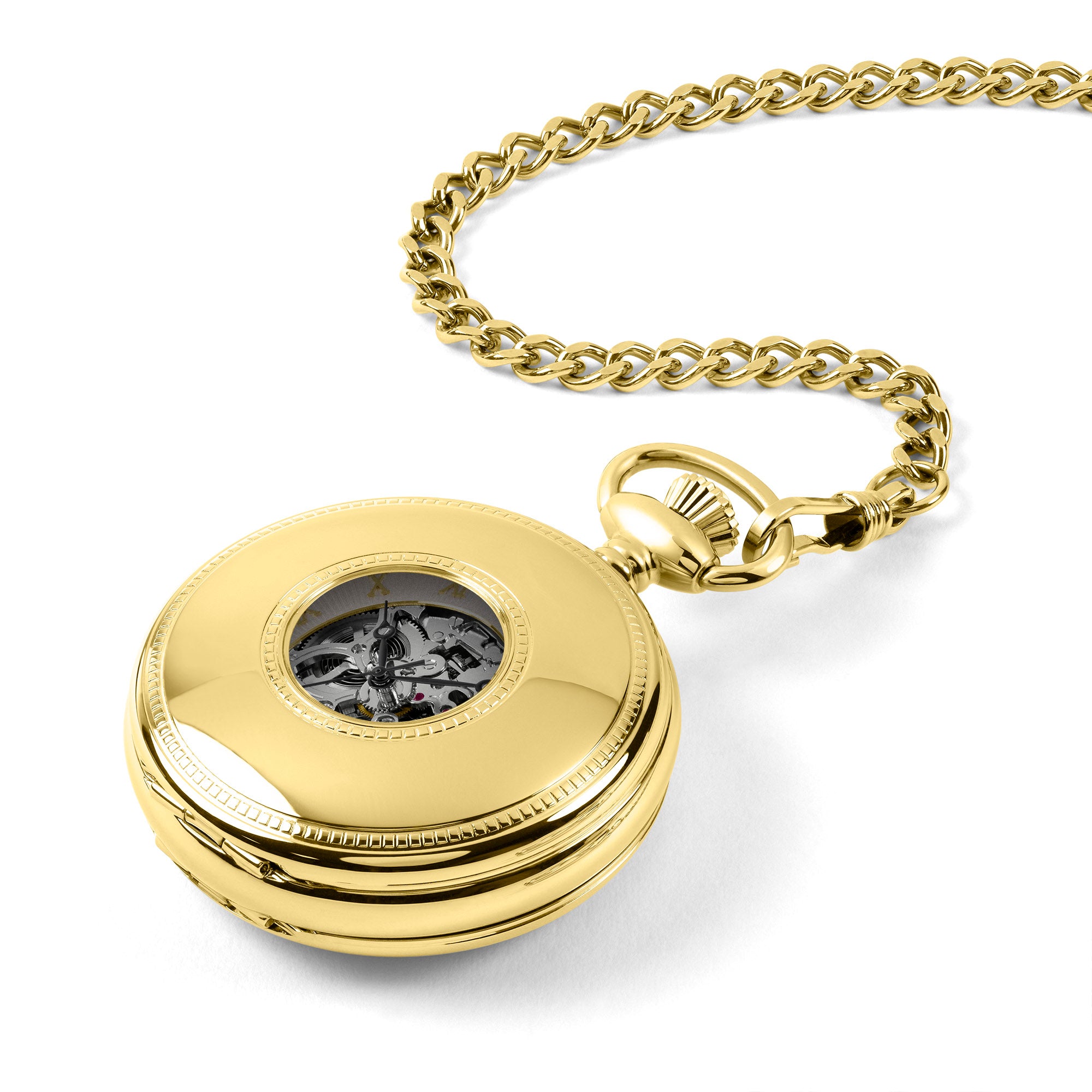 Gold Rotary pocket watch with chain on a white background