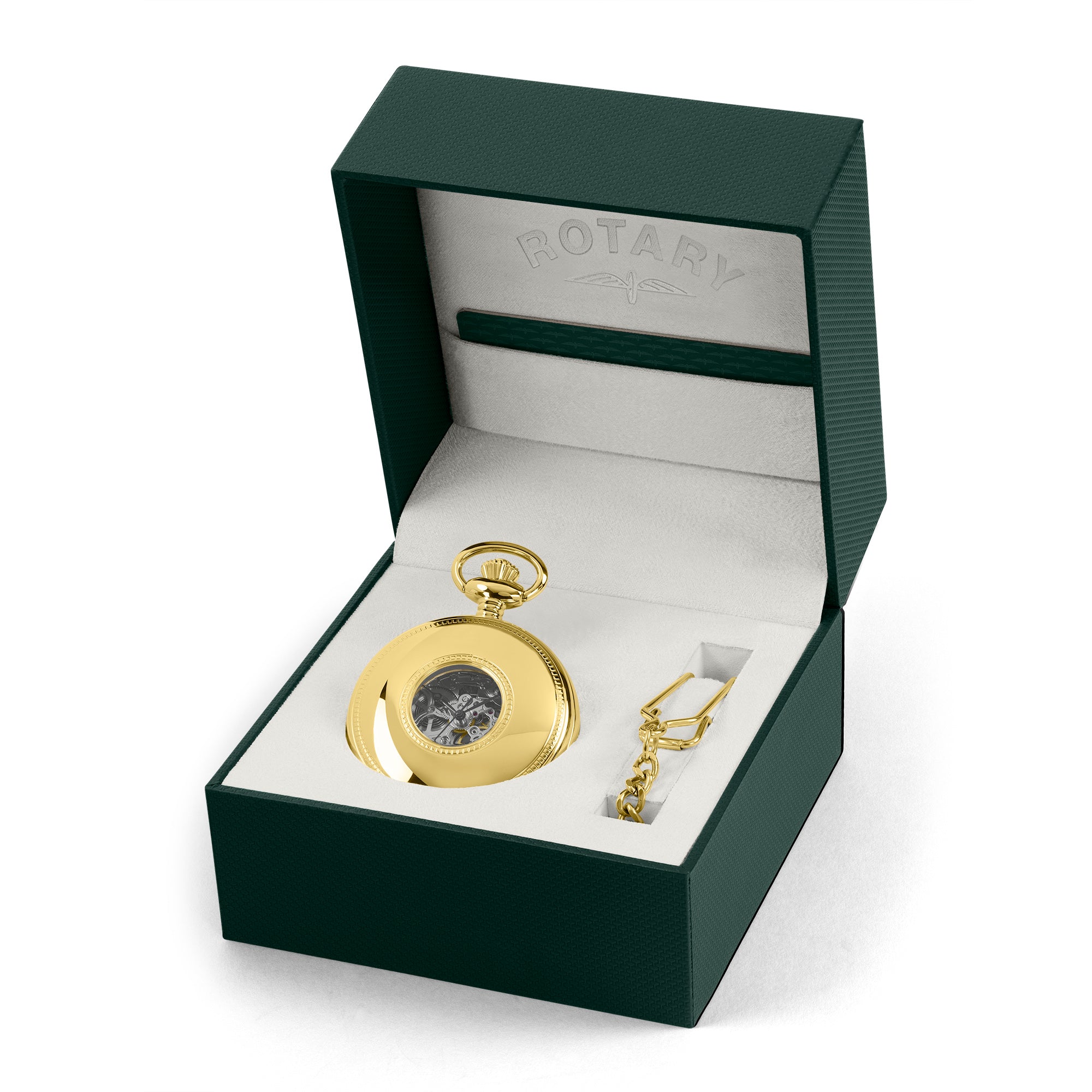 Gold pocket watch in a Rotary gift box on a white background
