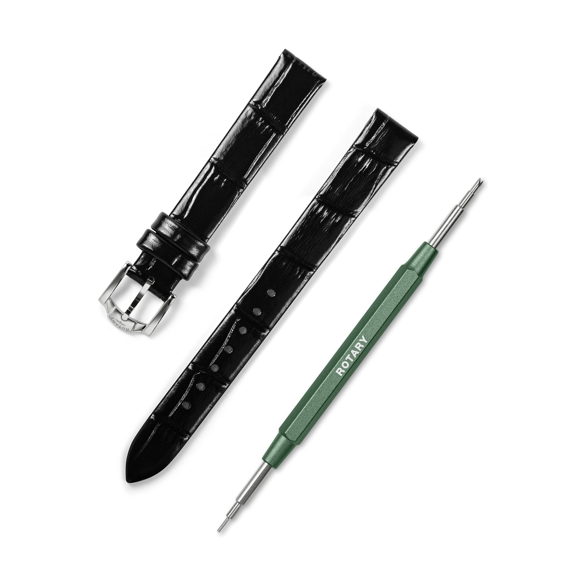 Black Crocodile Print Leather Strap - 13mm | Stainless Steel Buckle