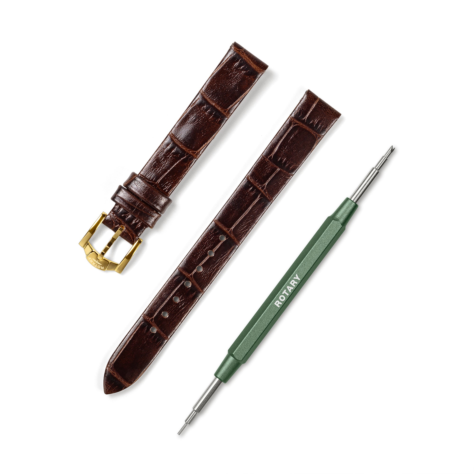 Brown croc print watch strap with gold buckle and green tool on a white background