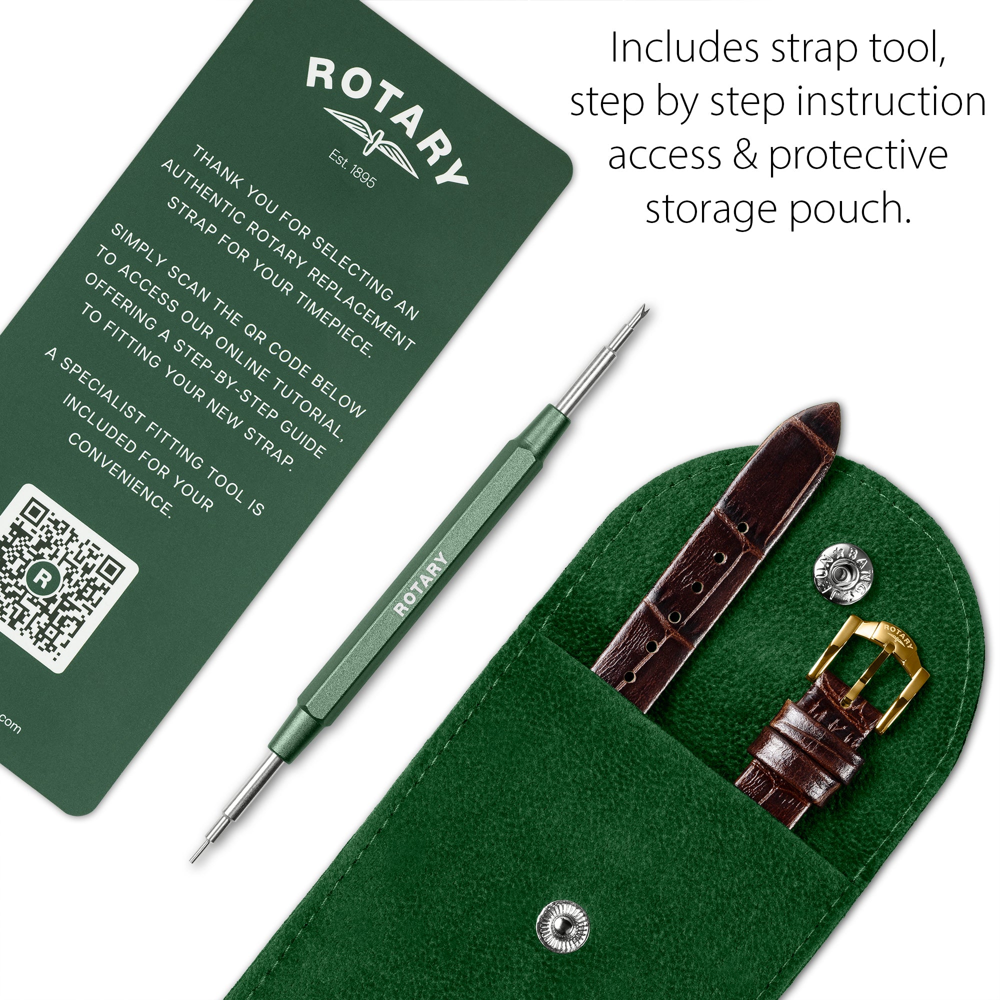 Watch strap tool set with green pouch, tool, and watch straps on a white background.